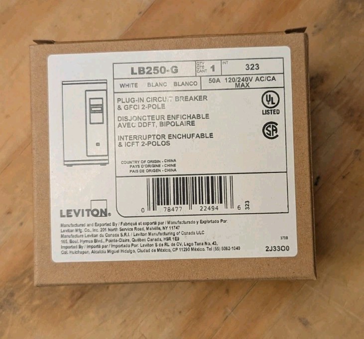 Leviton 50A GFI Breaker, LB250-G Circuit Breaker GFCI 2-Pole 50 Amp 120V/240V