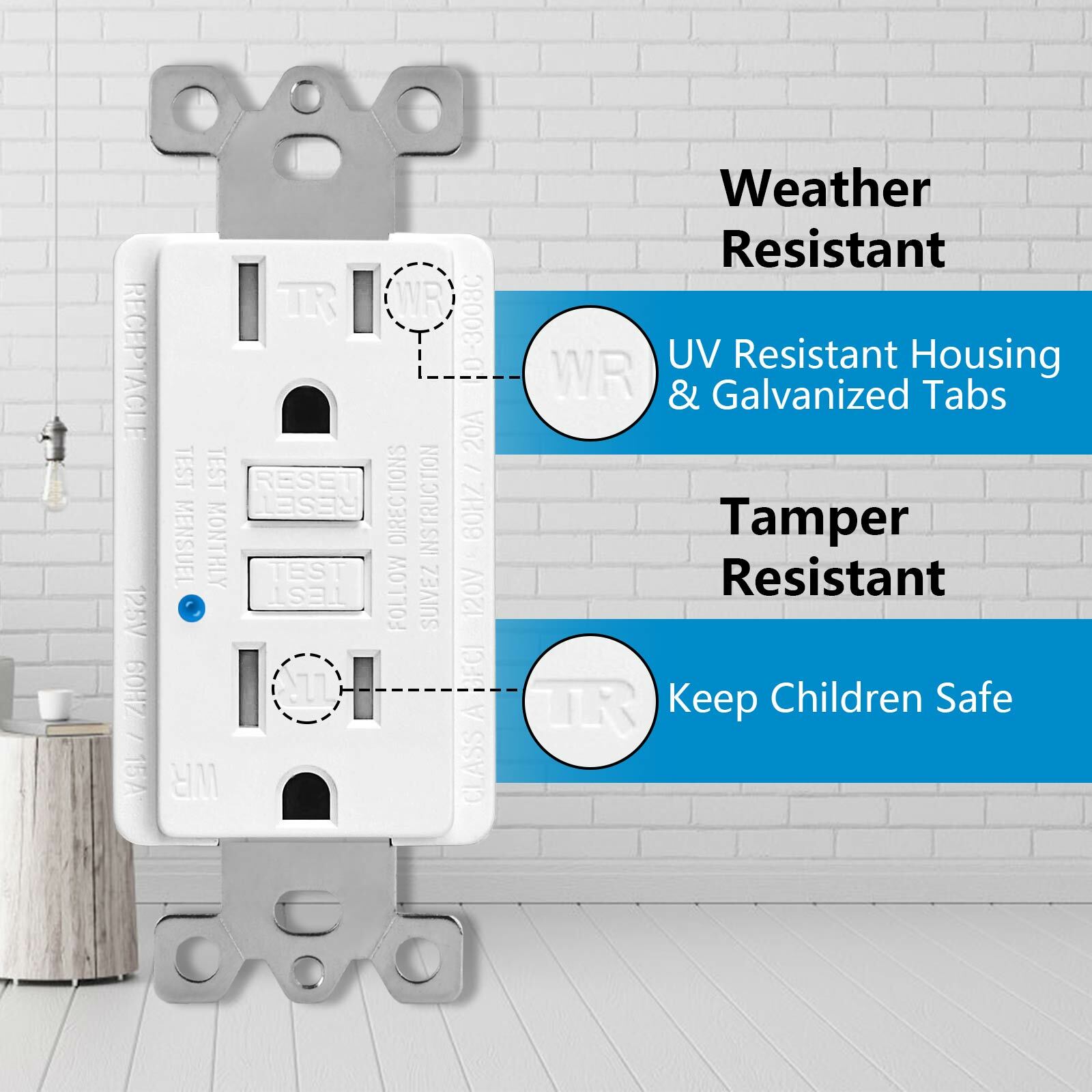Safe Outlet GFCI 20A AMP GFI Duplex Receptacles with Screwless Wall Plate White