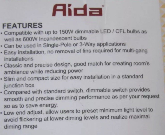 AIDA Toggle Slide Dimmer Switch Dimmable LED, CFL & Incandescent 600 Watt NIB