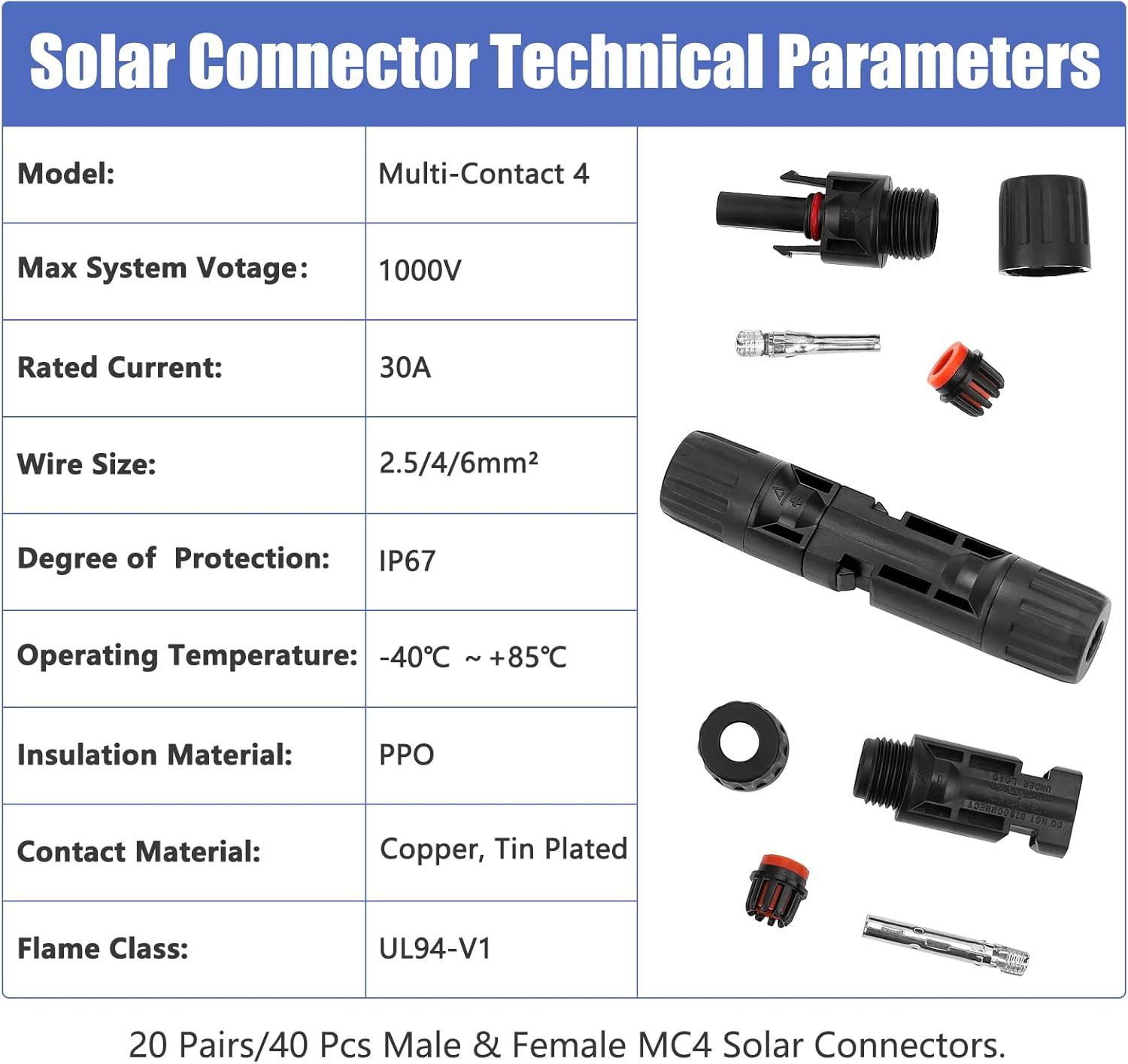 10/20/50/100 Pairs Male Female Solar Cable Connectors For DIY Solar Panel US