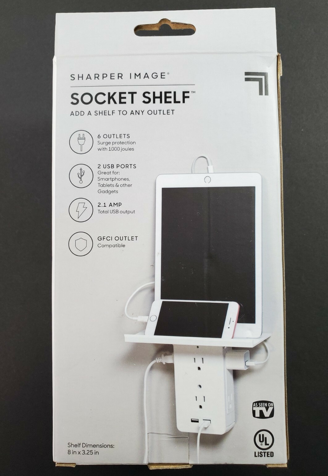 Sharper Image Socket Shelf Authentic 6 Wall Outlet 2 USB