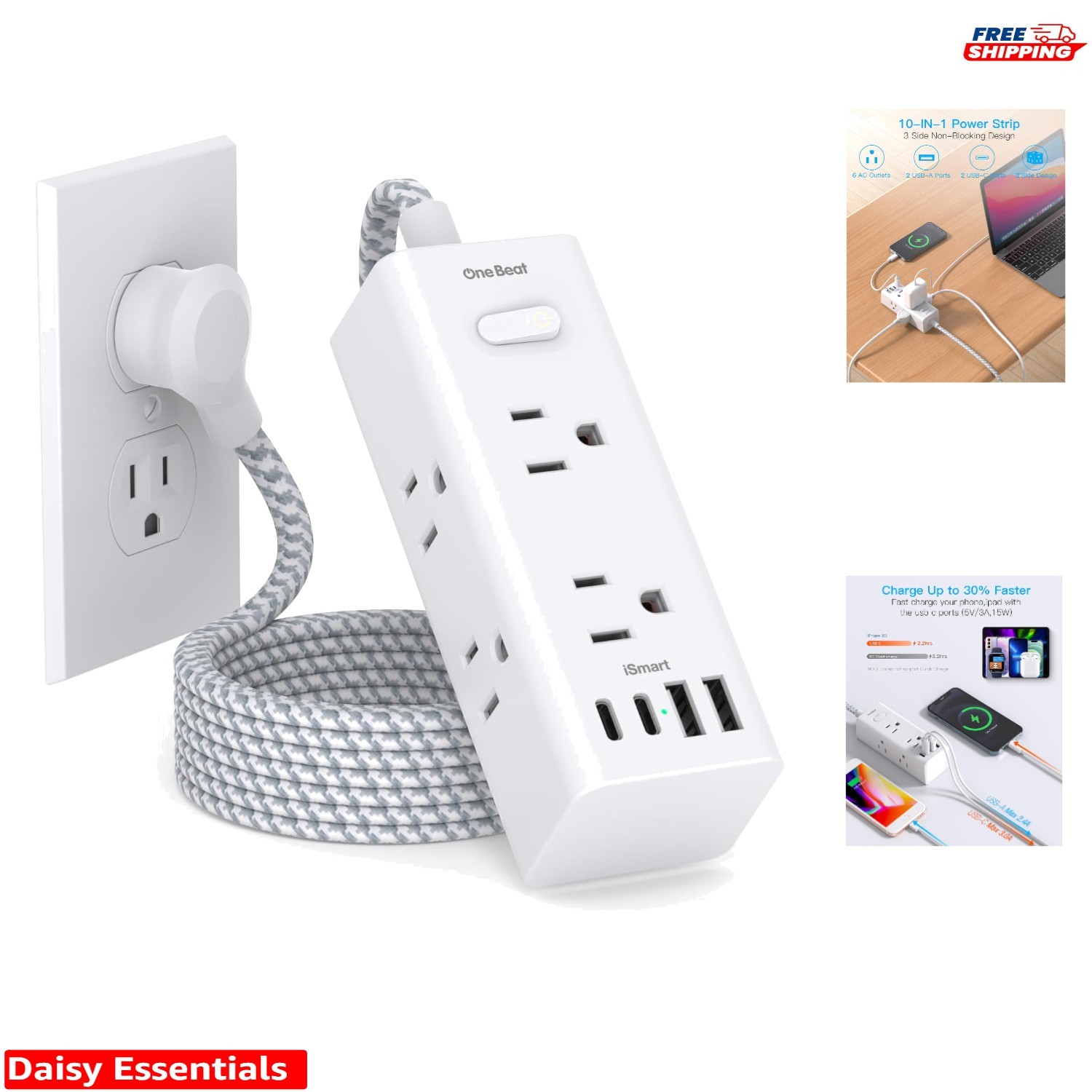Wall Mountable Power Strip – 6 Outlets, 4 USBs for Efficient Charging Solutions
