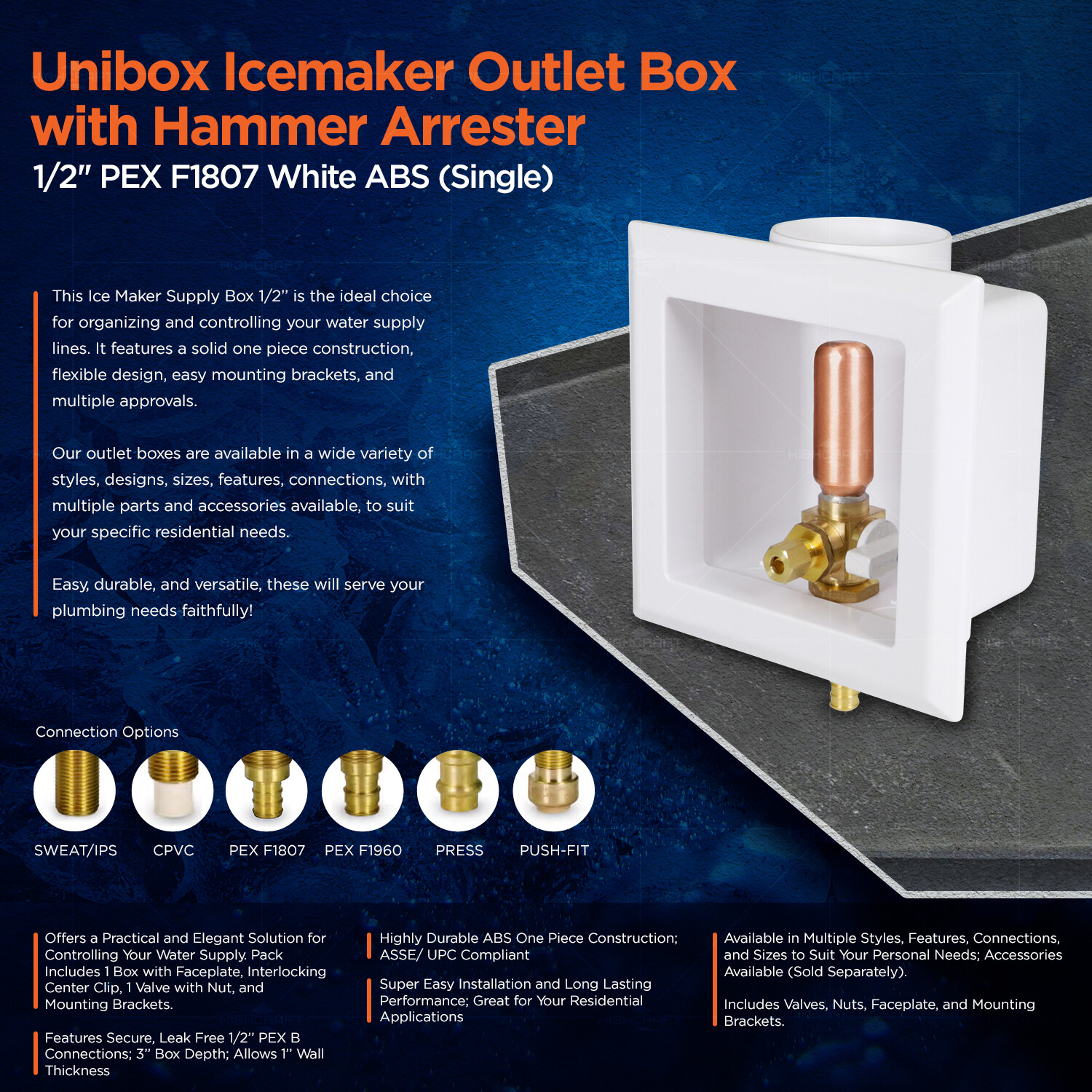 Icemaker Outlet Box w/ Hammer Arrester, Valve Nut 1/2”in PEX B White ABS Single