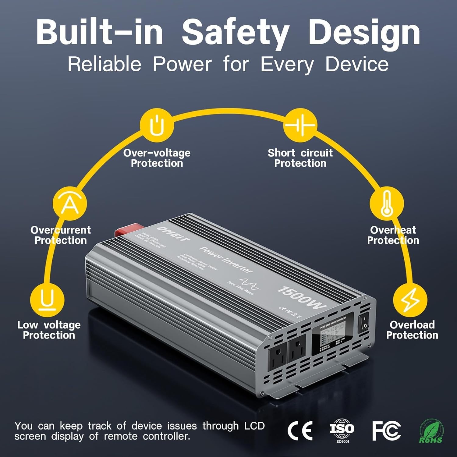 1500W Pure Sine Wave Power Inverter 12V DC to 110V AC RV Truck w/ LCD