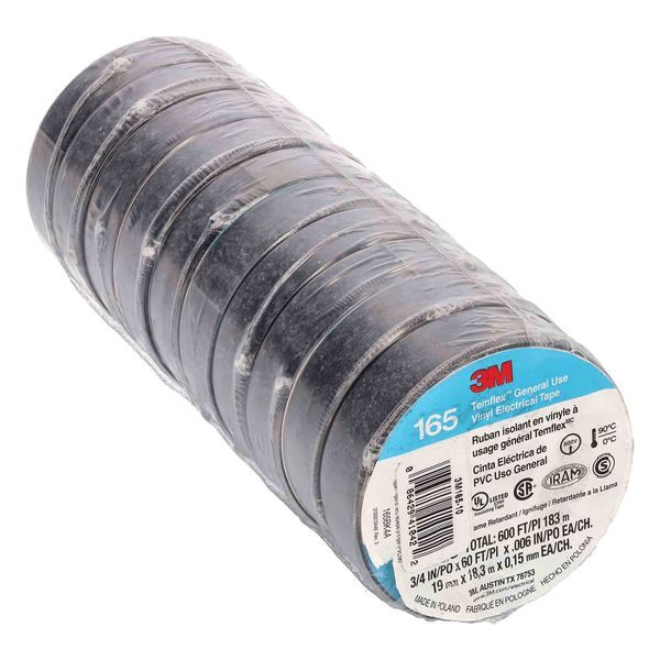10 Pack 3M Temflex 1700/165 Black 3/4″ x 60′ General Use Vinyl Electrical Tape