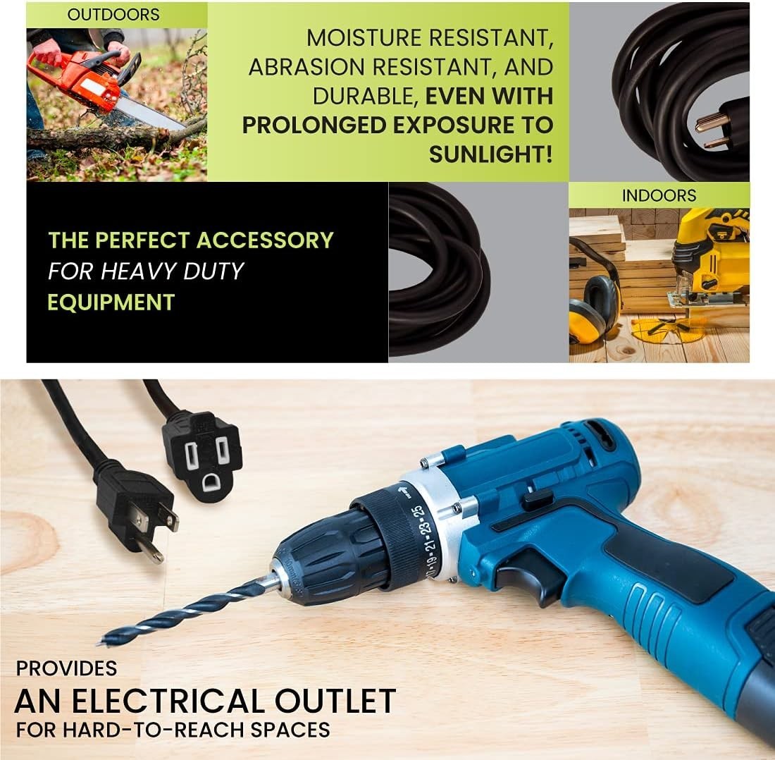 25ft Black SJTW Extension Cord – Moisture & Abrasion Resistant for Outdoor Use