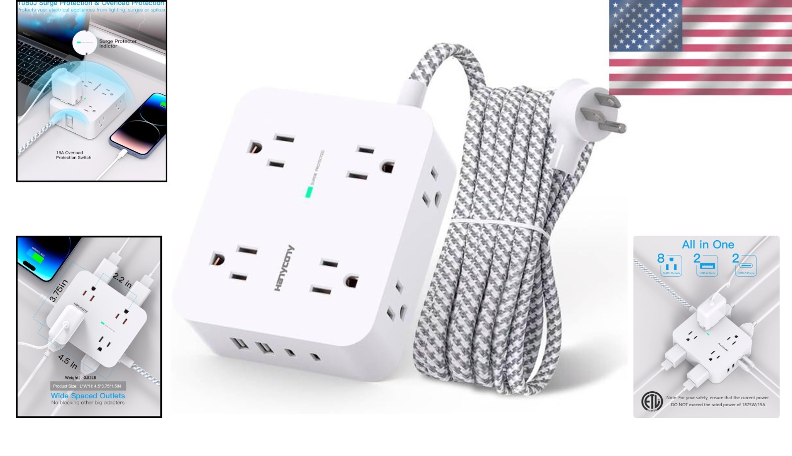 1080J Surge Protection Power Strip with Compact 8 Outlets & USB C Charging Ports
