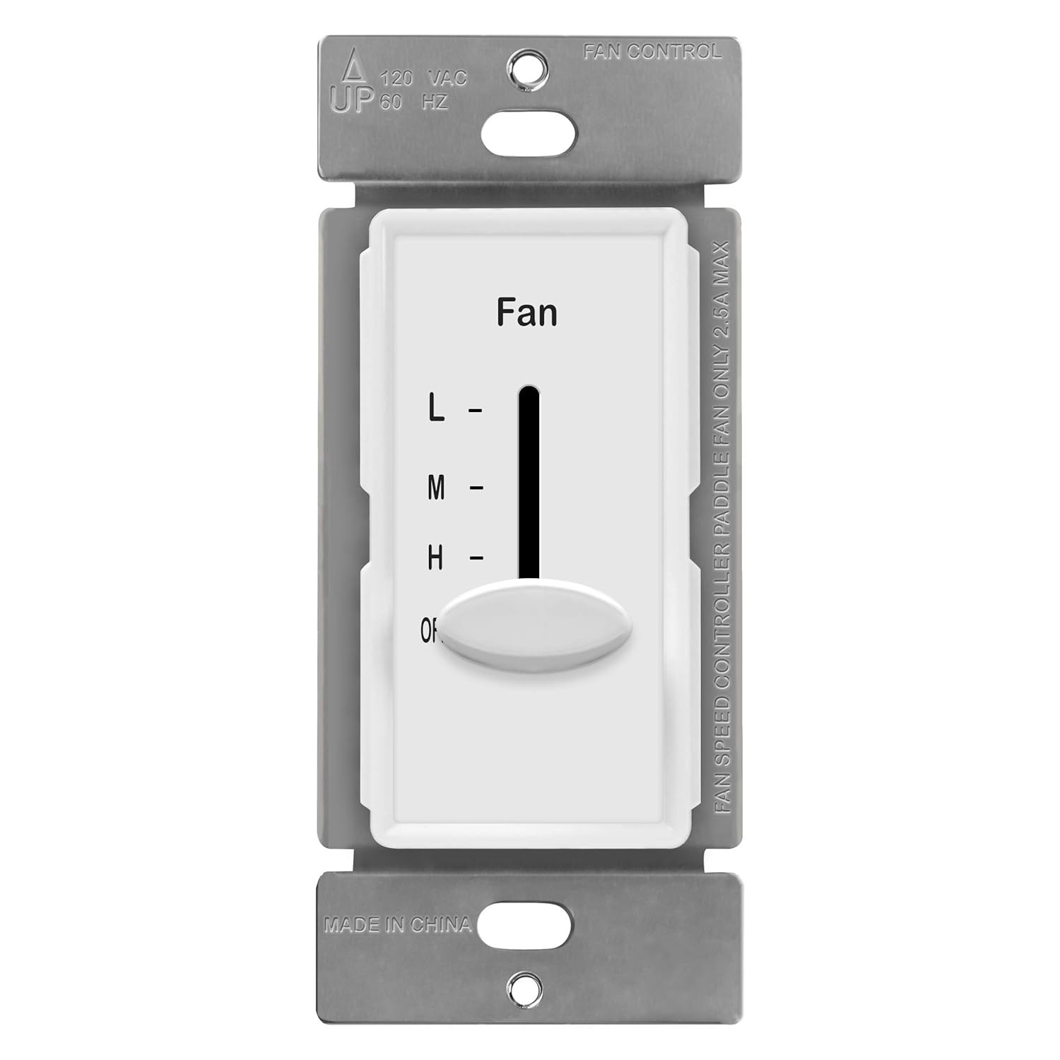 3 Speed Decora in Wall Ceiling Fan Control, Slide Switch, 120VAC, 2.5A, Single-P