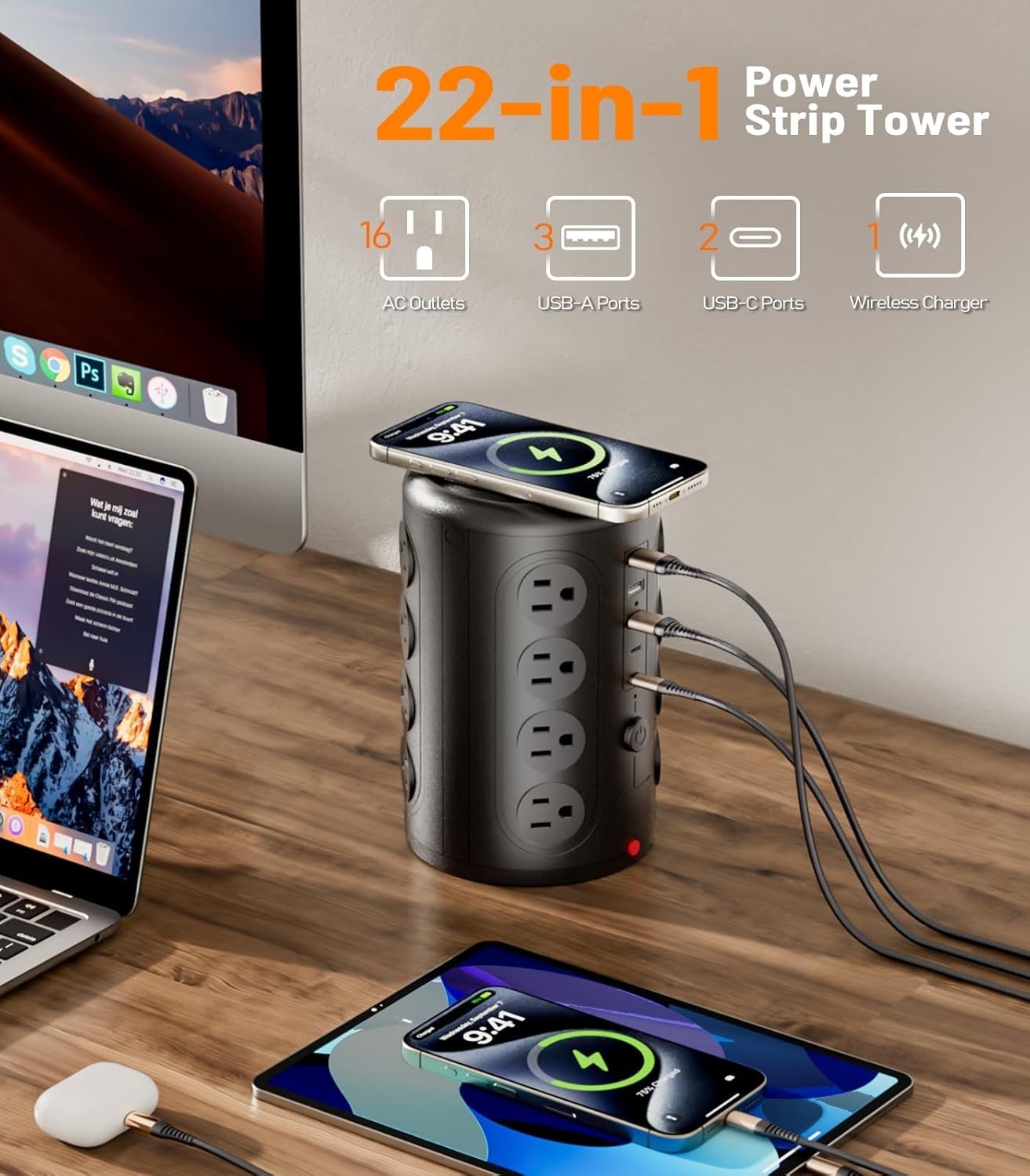 Power Strip Tower, TenTrend 16 Outlets and 5 USB Ports (2 USB-C), 2000 Joules Ch