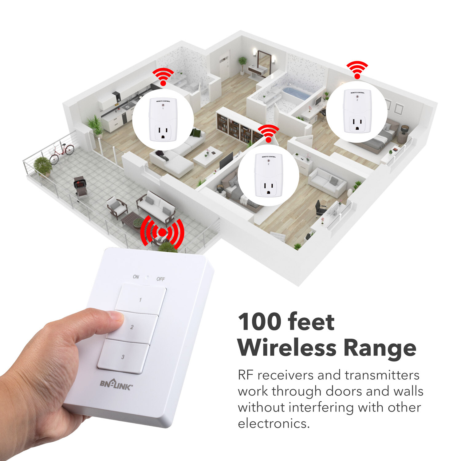 BN-LINK 3Pcs Wireless Wall-Mounting Remote Control Outlet Switch Power Plug In