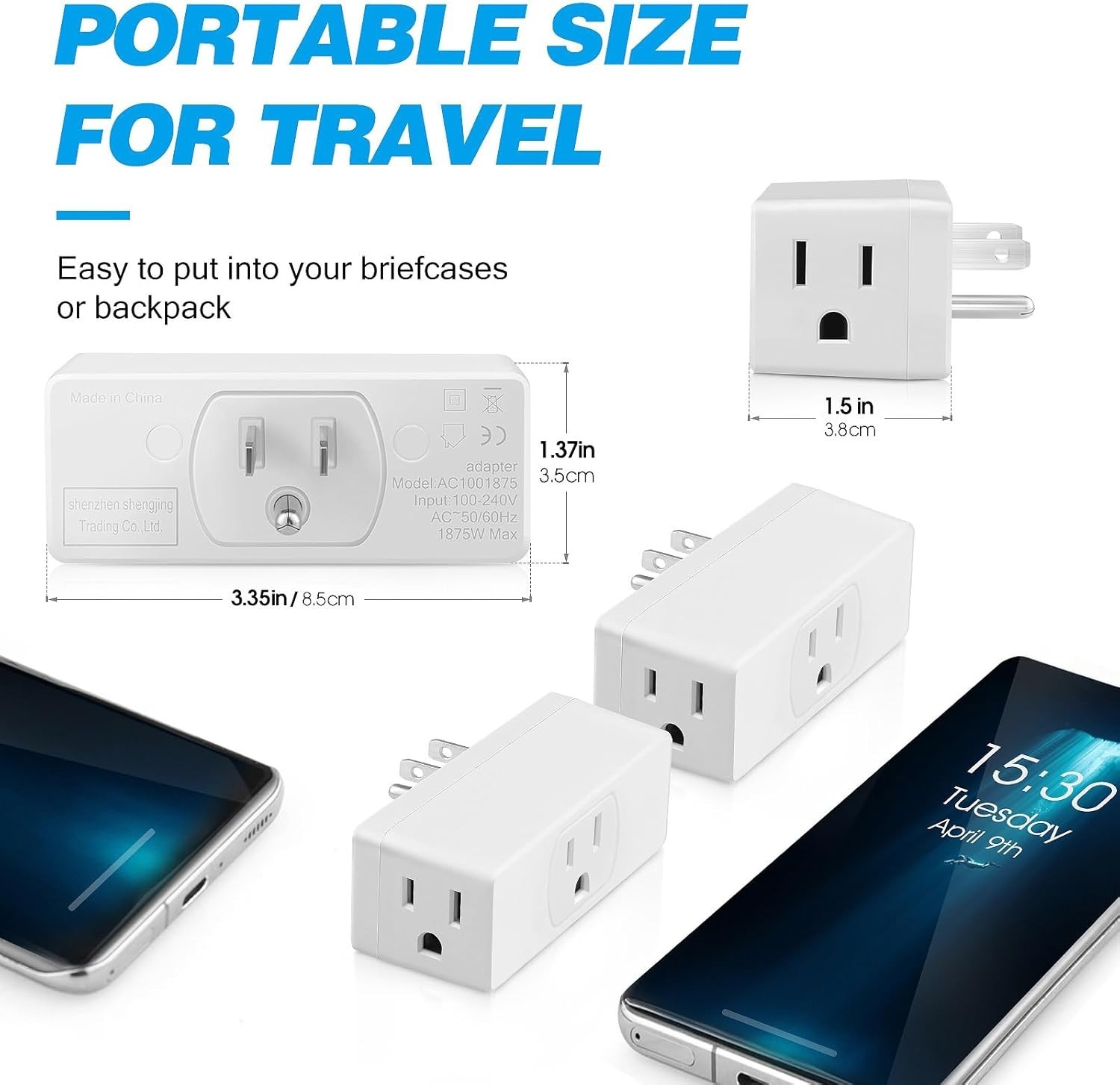 No Blocking Multi-Outlet Splitter – 3-Plug Wall Adapter for Home & Travel