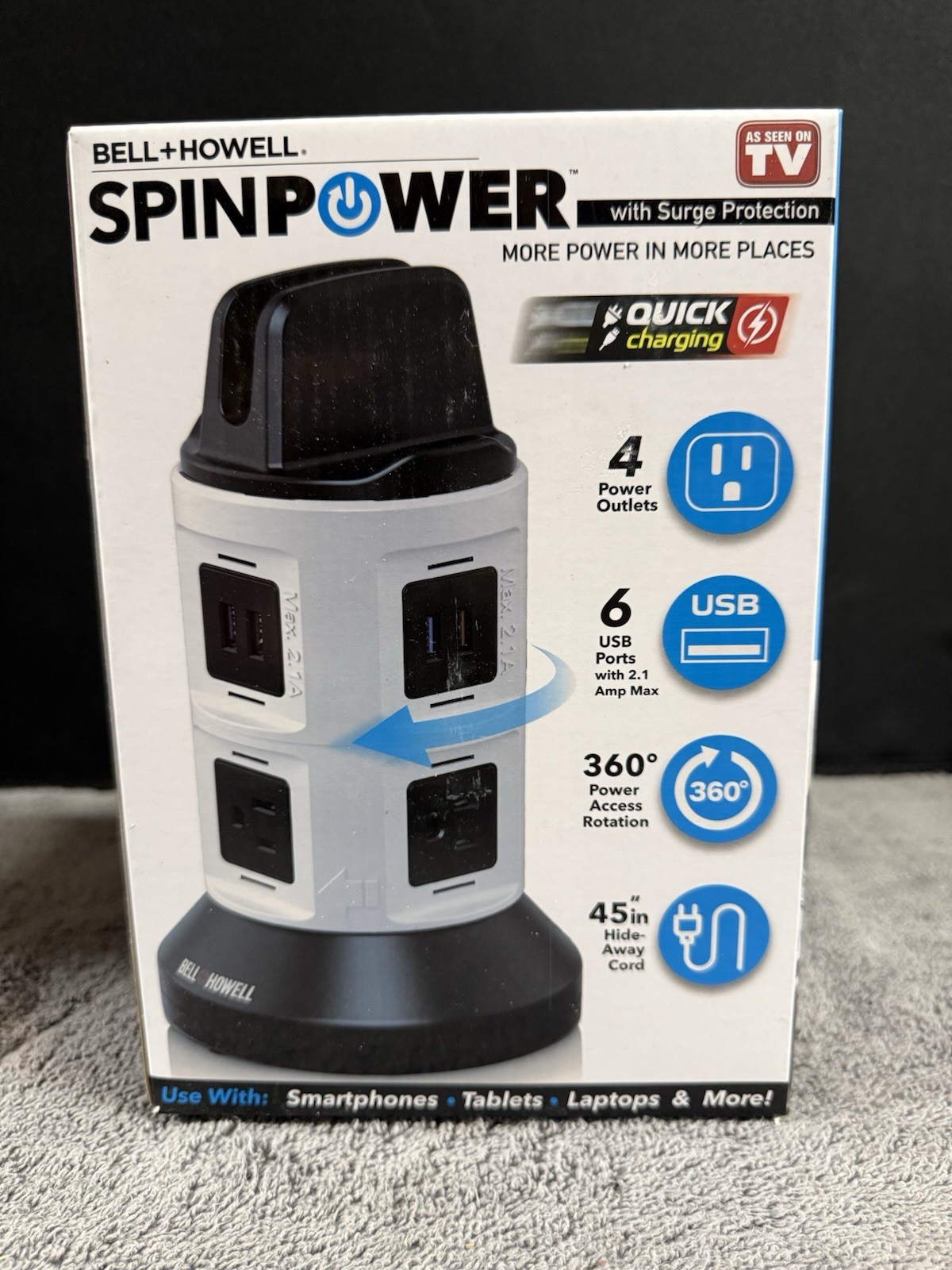 Bell + Howell 360 Degree Spin Power Pro Tower with 4 Power Outlets + 6 USB Ports