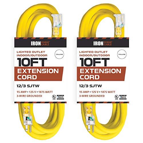 2 Pack of 10 Ft Outdoor Extension Cords-12/3 Heavy Duty Lighted Yellow Cable Set
