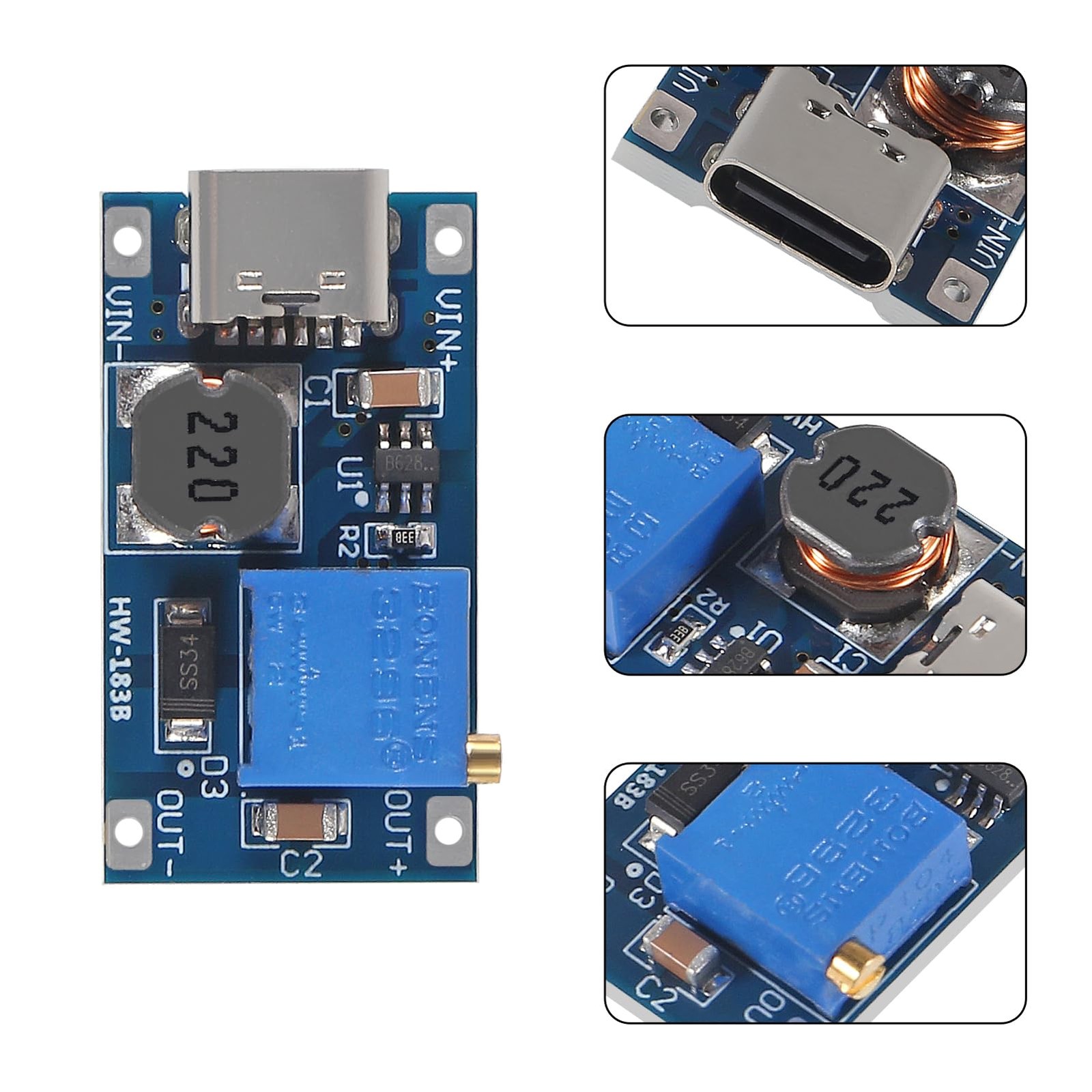 AITRIP 5pcs Type-C MT3608 DC-DC Adjustable Boost Module 2A DC 5 PCS