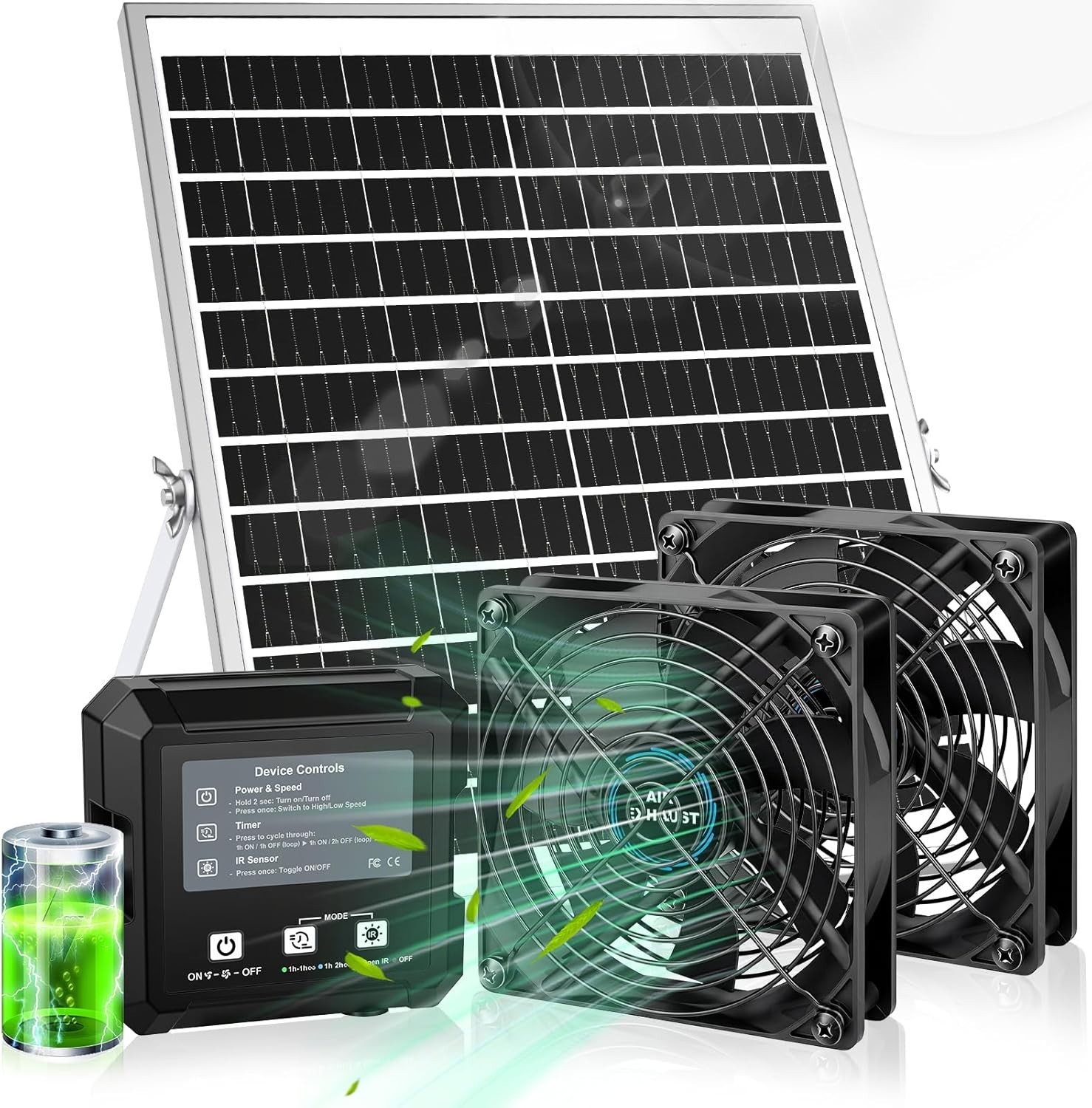 Solar-Powered Chicken Coop Exhaust Fan with Battery & Smart Sensing – 25W Solar