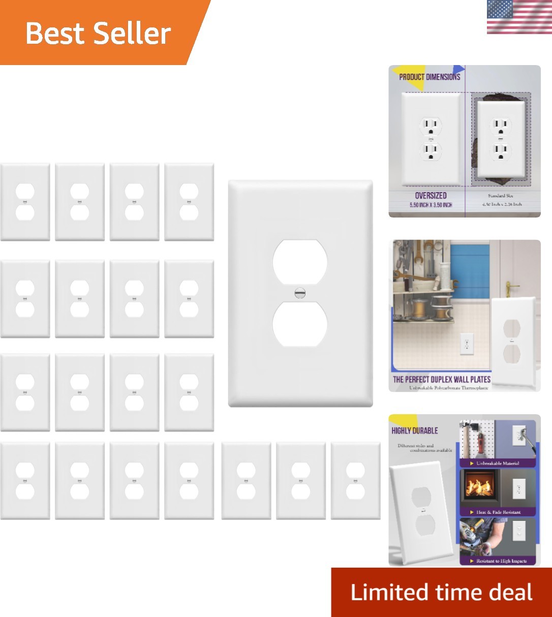 Jumbo Duplex Outlet Wall Plates, 20 Pack, 5.5″x3.5″ Polycarbonate White Covers