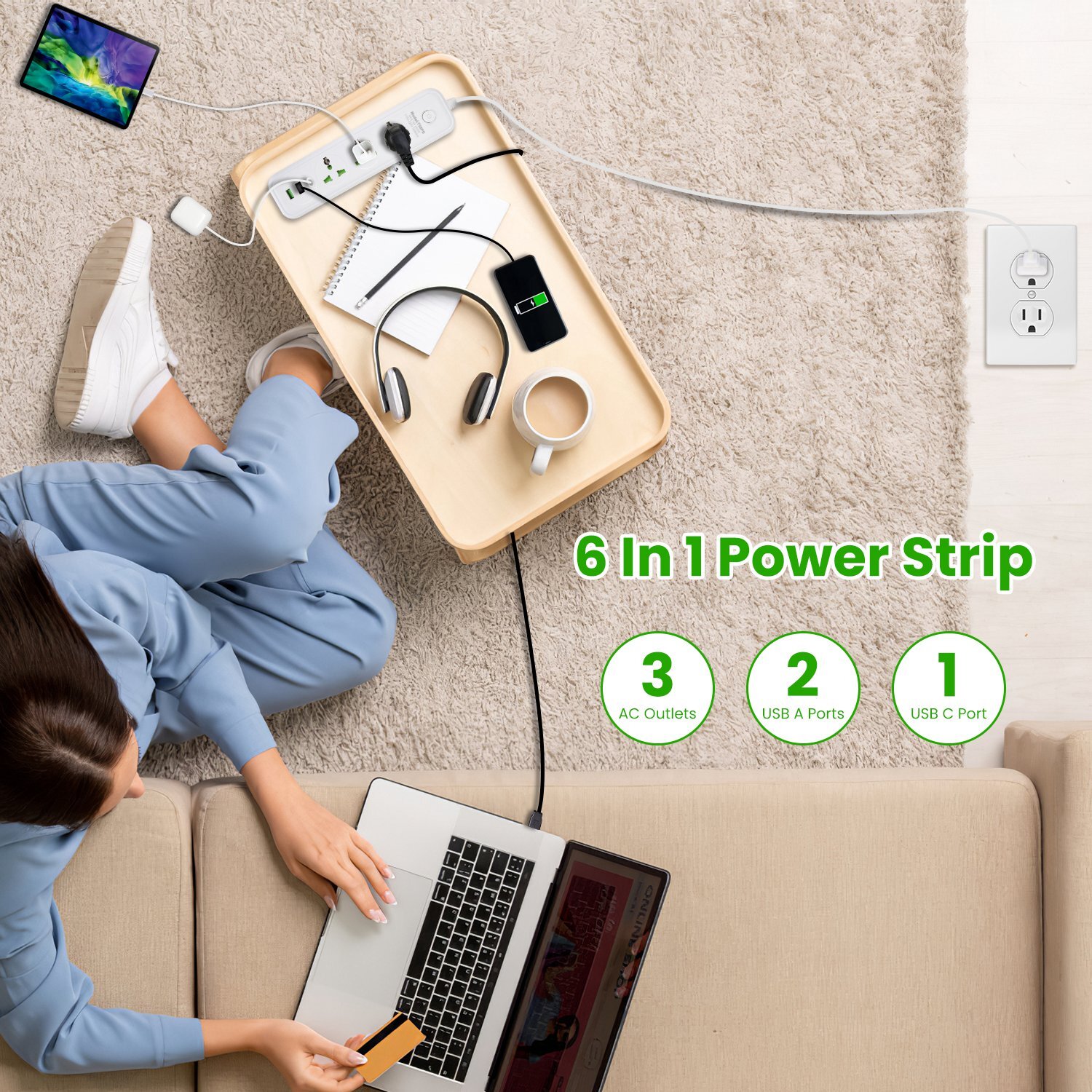 2500W Wall Mount Power Strip – 6/8 Ports Perfect for Home Office & Travel