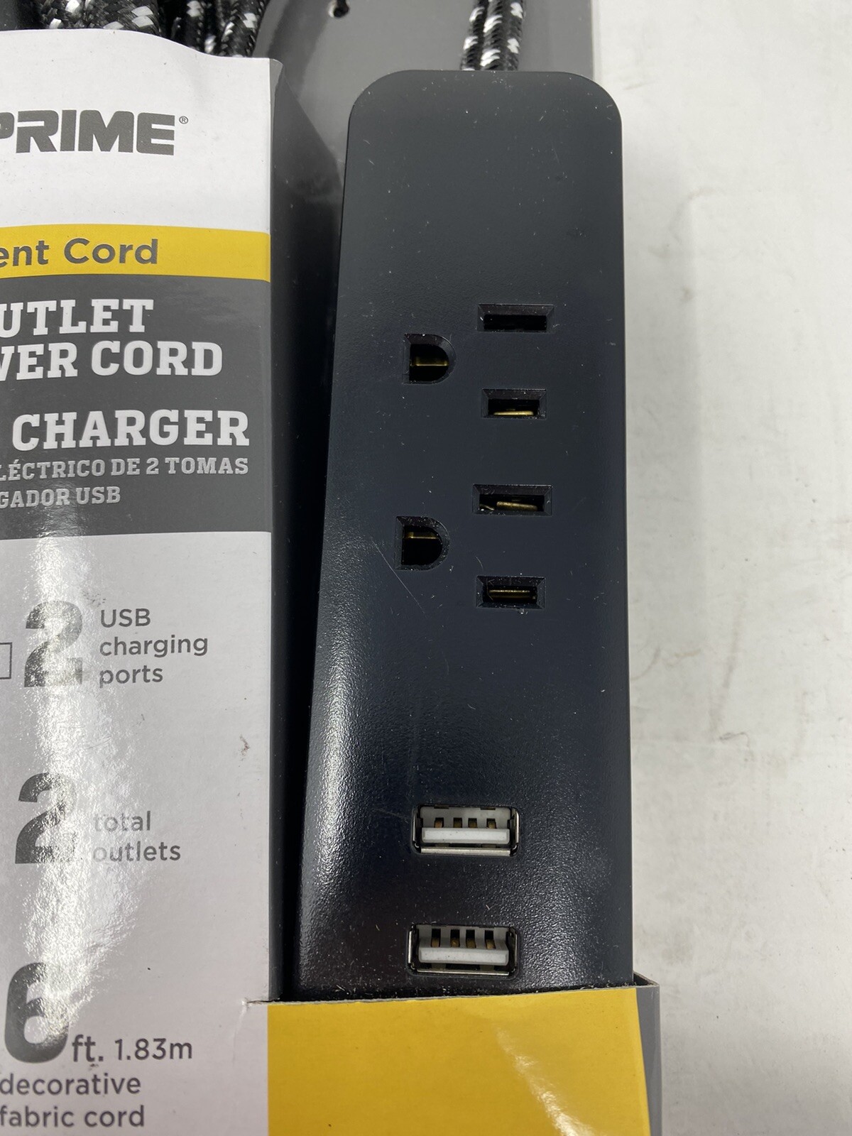 Prime #PBUF0001 6′ Black 2-Outlet & 2-Usb Fabric Accent Power Strip Cord #9774