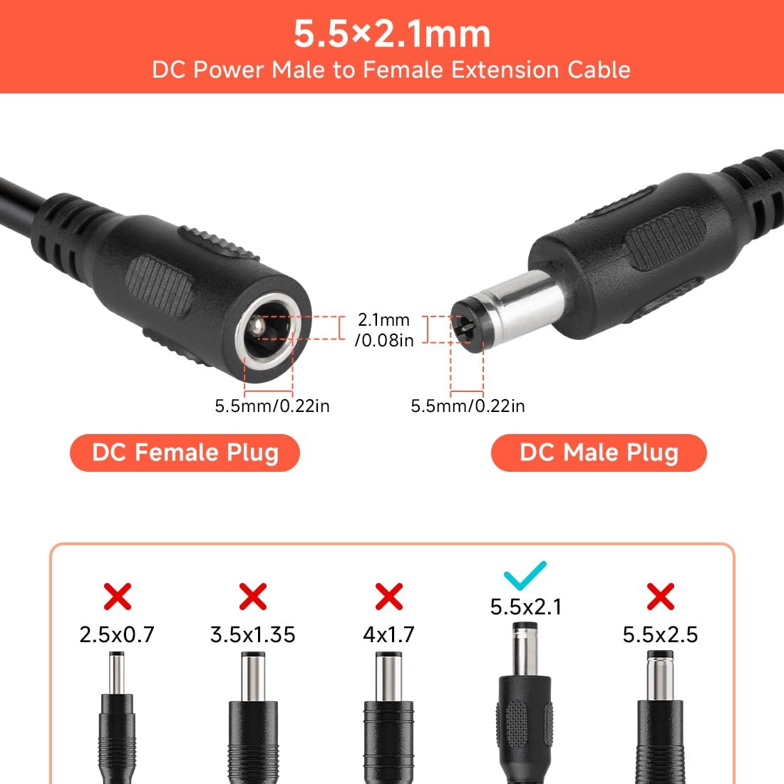 5 pcs/Pack 20AWG 2 Pin DC Female Plug Connector, 1.64ft(0.5m) Extension Cable…