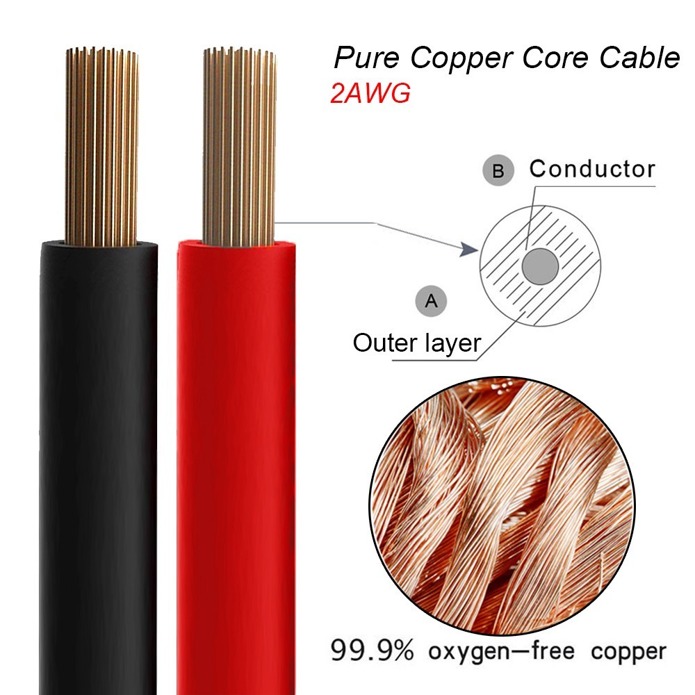 2AWG Battery Cable Pure Copper Battery Inverter Cables with 3/8in Lugs Both Ends