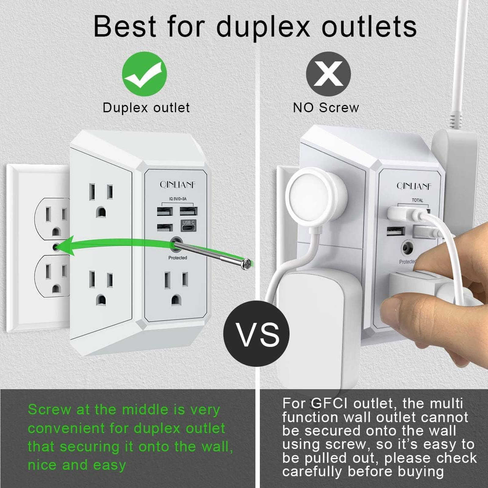 Wall Charger Surge Protector 5 Outlet Extender with 4 USB Ports 3 Sided Power