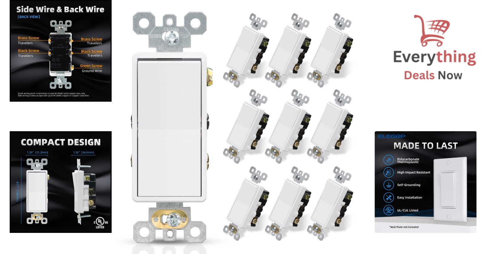 15A 4-Way Light Switch, Self-Grounding for Residential/Commercial Use, 10-Pack