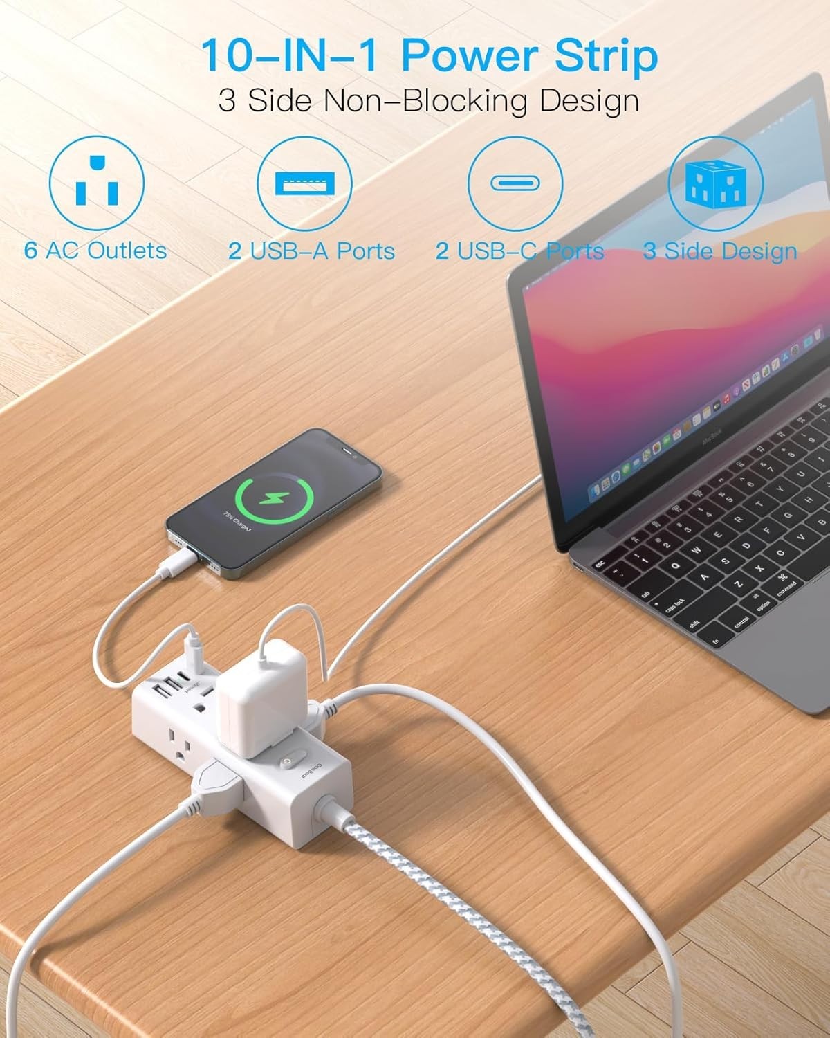 Wall Mountable Power Strip – 6 Outlets, 4 USBs for Efficient Charging Solutions