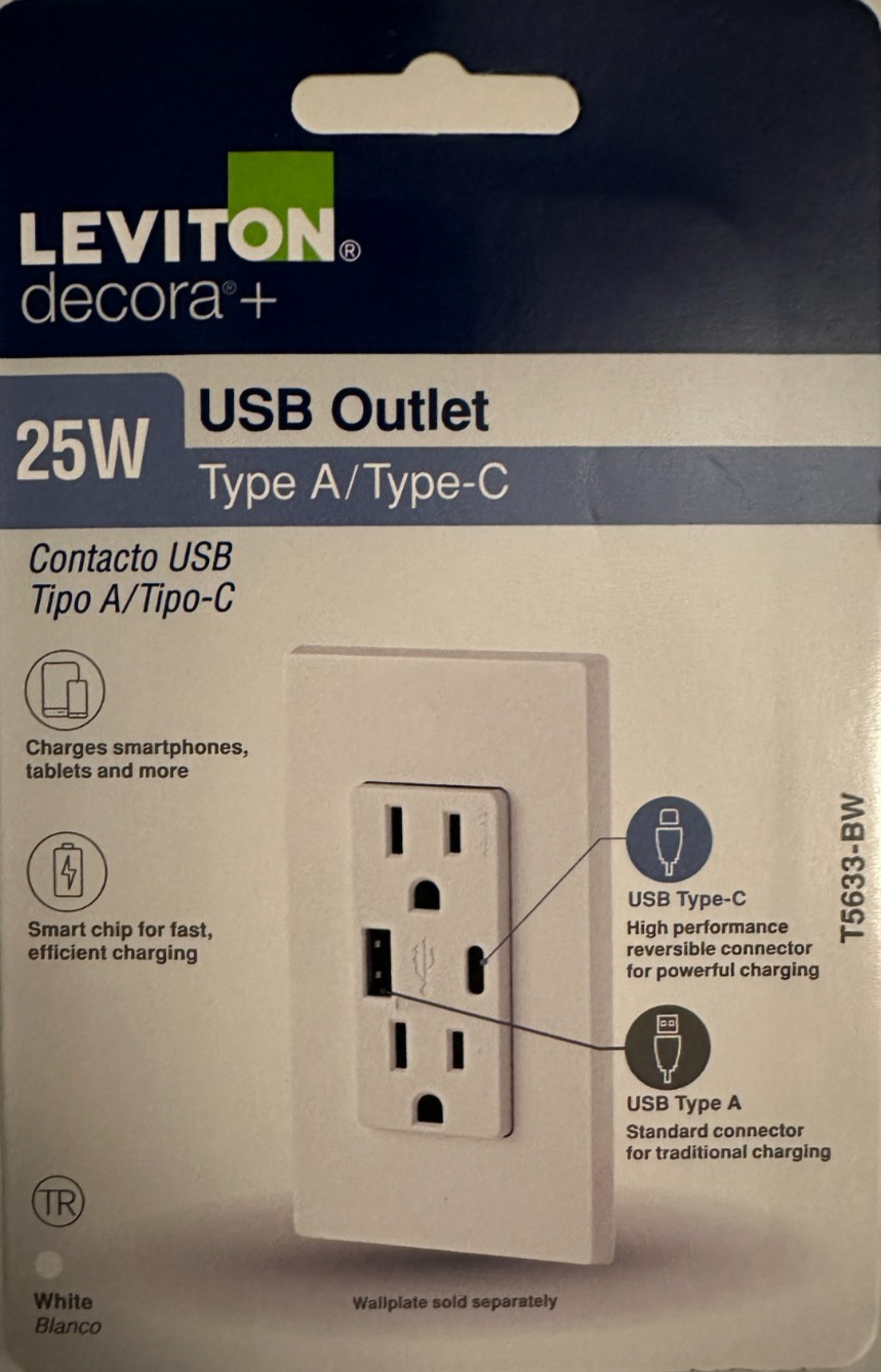 Leviton T5633-BW Decora 25W USB-A USB-C Tamper Resistant Outlet White New