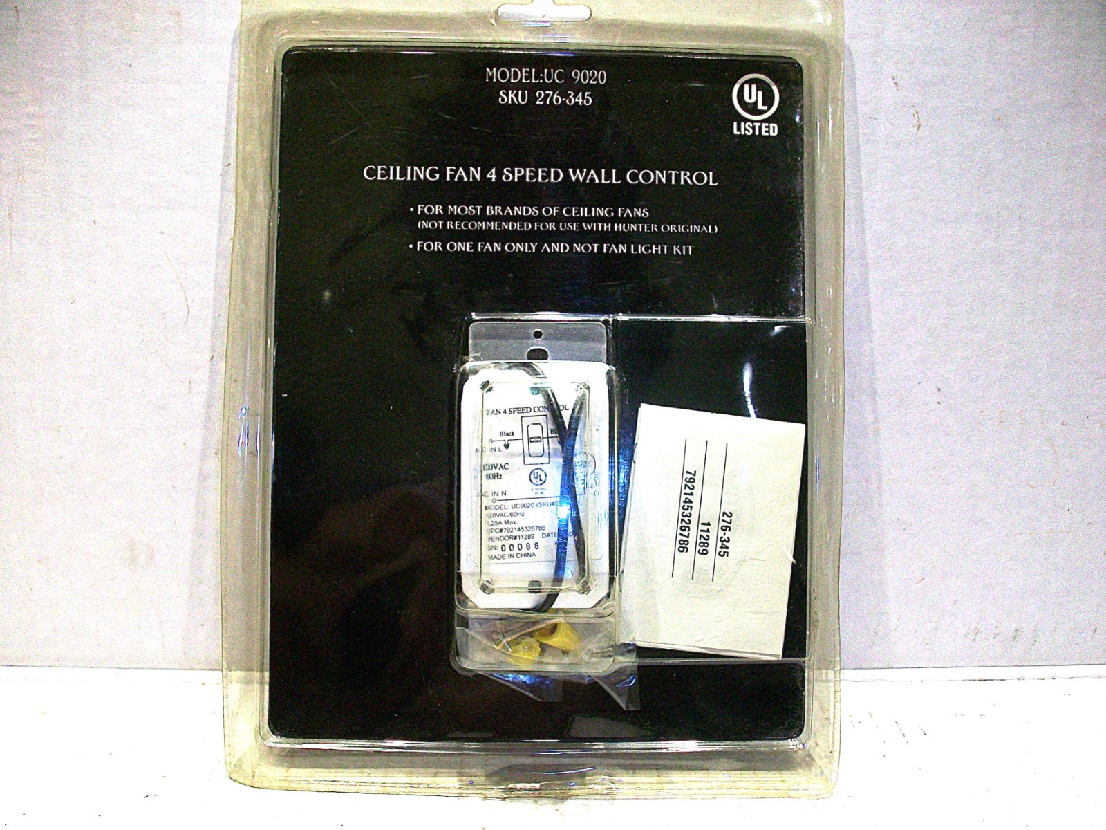 Hampton Bay Ceiling Fan 4 Speed Wall Control Model UC9020 – 276-345