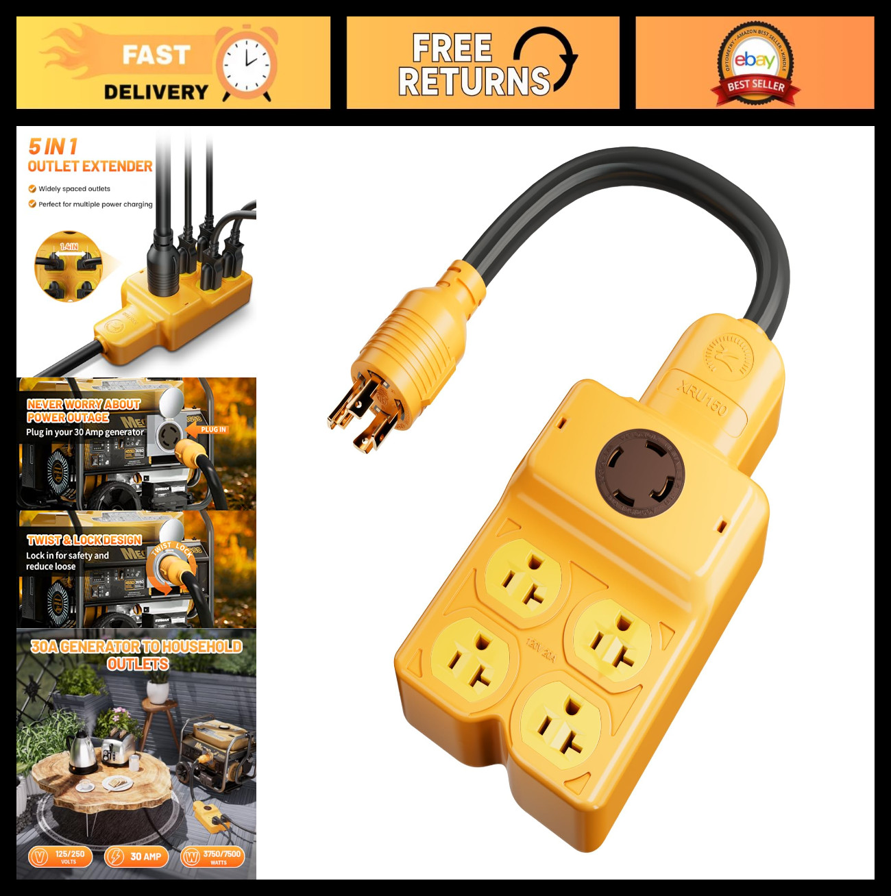 30 Amp Generator Adapter Extension Cord, L14-30P to 4x 15/20R, 7500W, ETL Listed