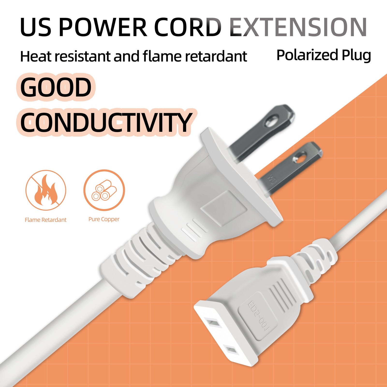 10 Feet Extension Cord White Flat Thin 2 Prong 10a Etl Listed | 1250w Flexible