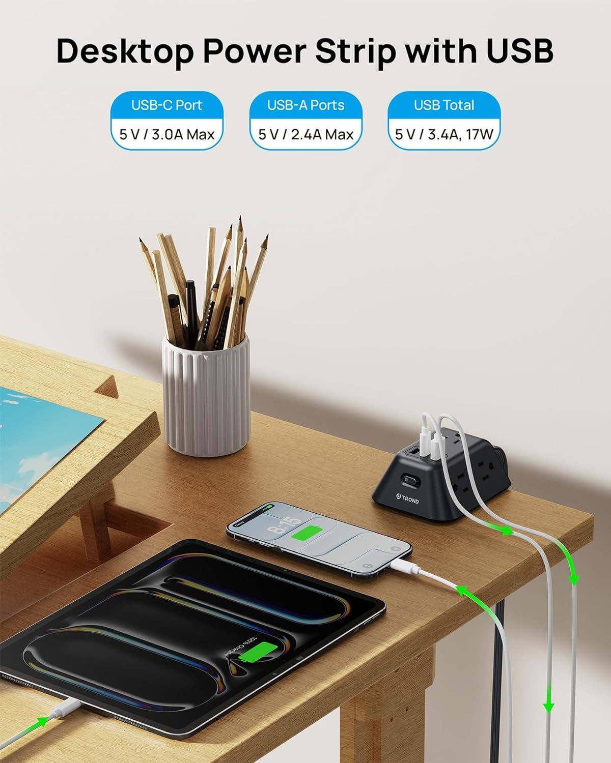 Compact Desk Clamp Power Strip with 5 AC Outlets and USB Ports for Convenience