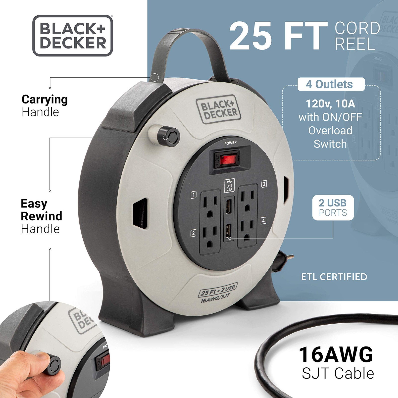 25ft Retractable Cord Reel 4 Outlet 2 USB Port BLACK DECKER 16AWG Circuit Breake