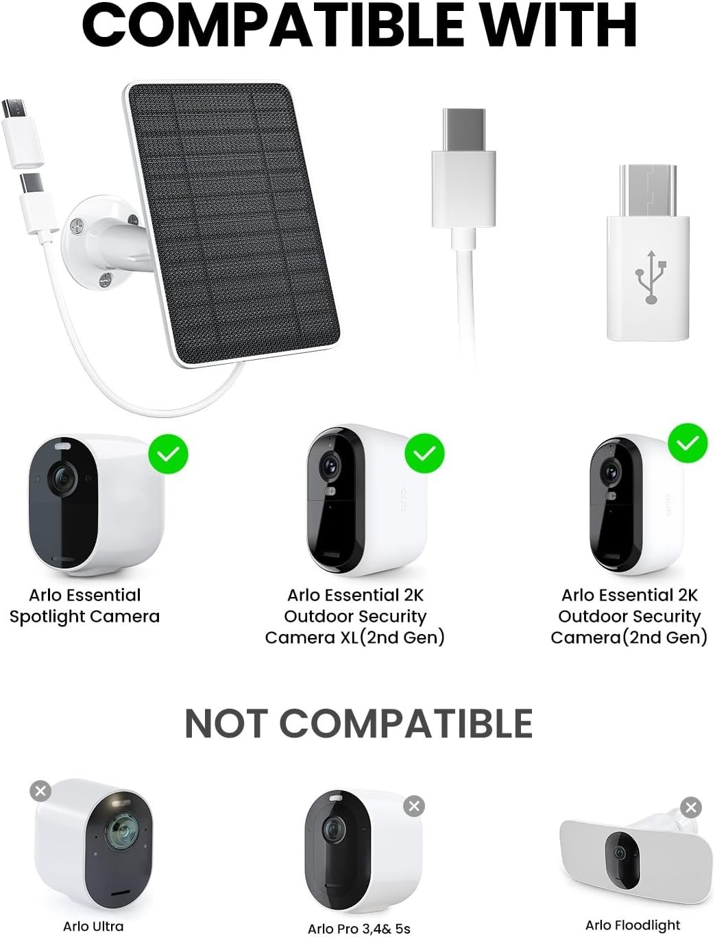 1Pack 5W Solar Panel Charger Arlo Essential 2K Outdoor(2nd Gen)/Essential XL