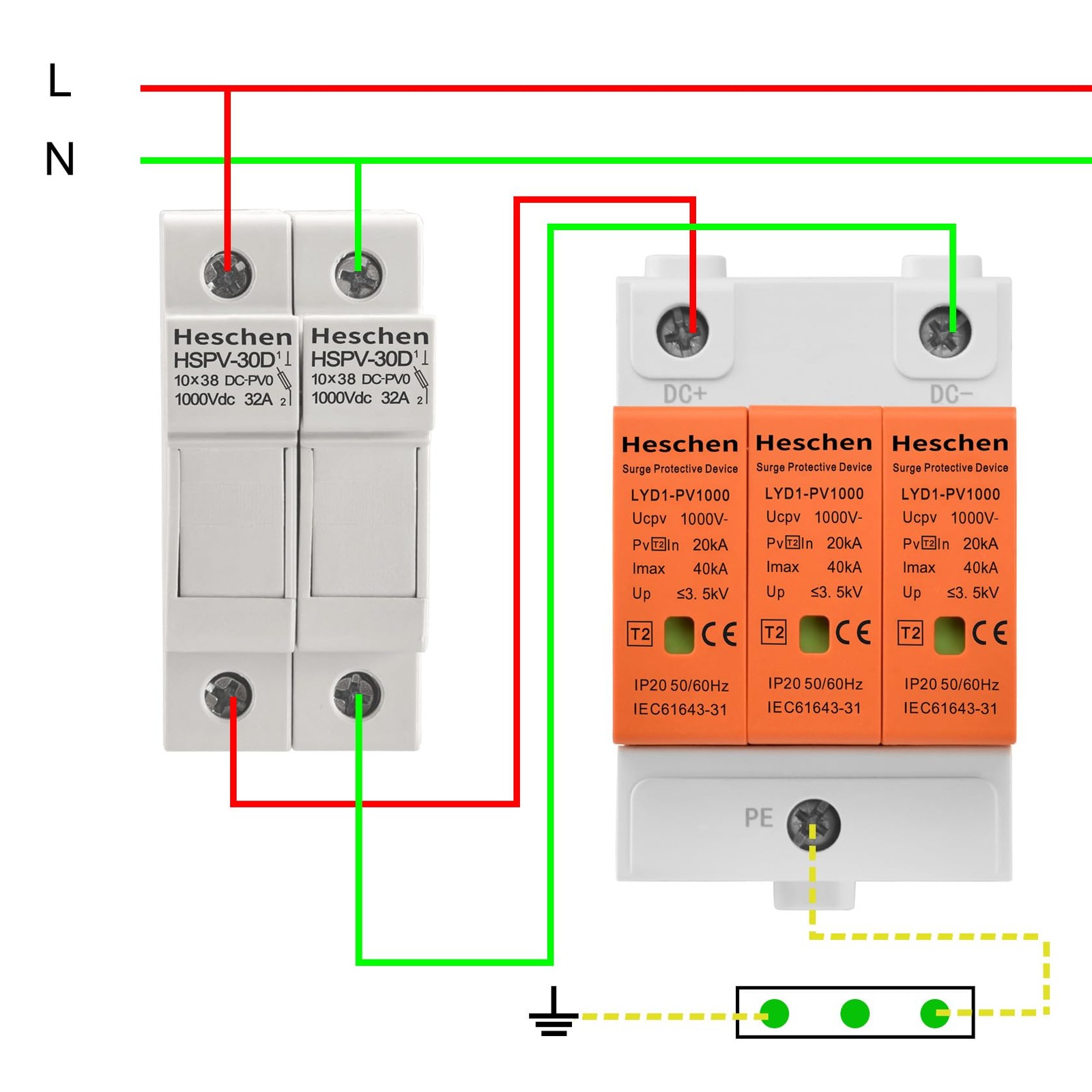Surge Protective Device PV LYD1PV1000 3P 1000VDC 20KA 35mm DIN Rail Mount