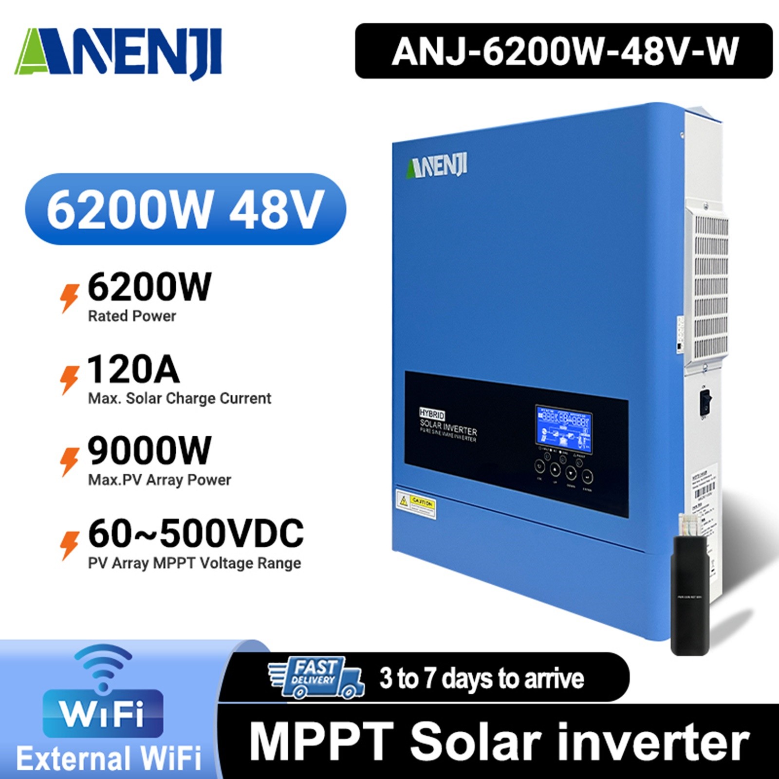 ANENJI 6200W 48V Solar Hybrid Inverter Off-Grid 120A MPPT 230Vac Pure Sine Wave