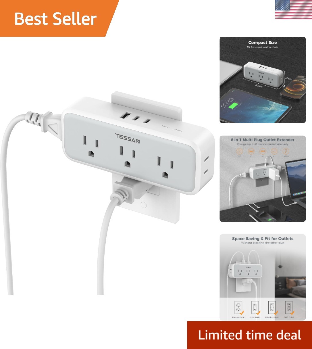 5-Outlet Surge Protector Wall Charger with 3 USB Ports – Ideal for Home & Office
