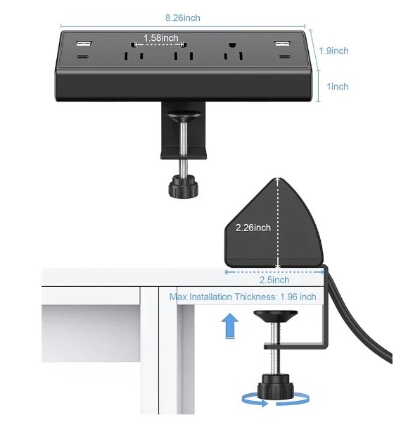 Desk Clamp Power Strip,40W Total Fast Charging Station,2 PD 20W USB C Ports,Desk