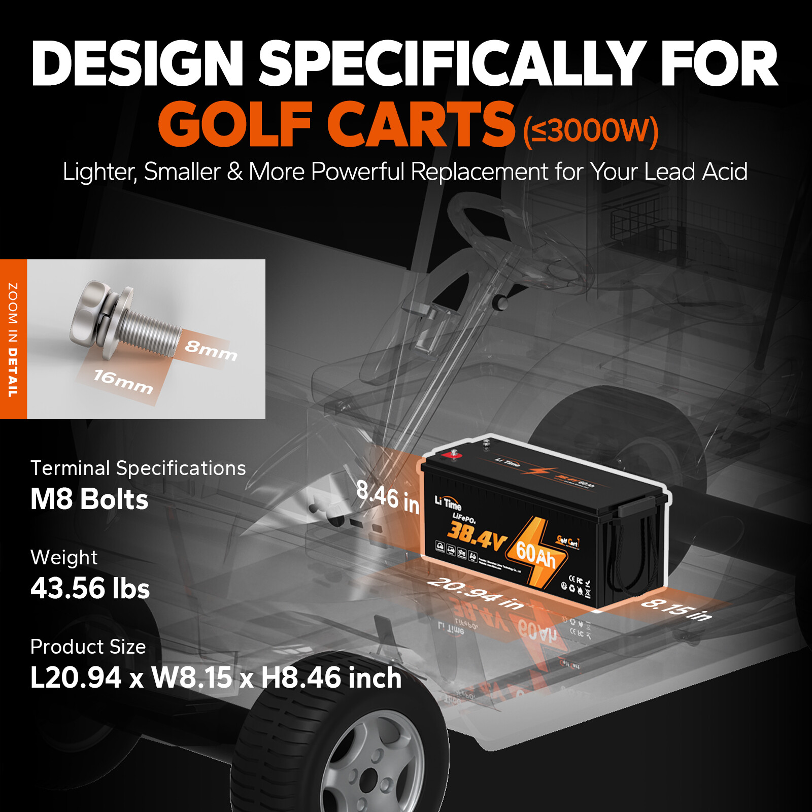 LiTime 36V 60Ah LiFePO4 Lithium Battery Deep Cycle 120A BMS For Golf Cart 3kW