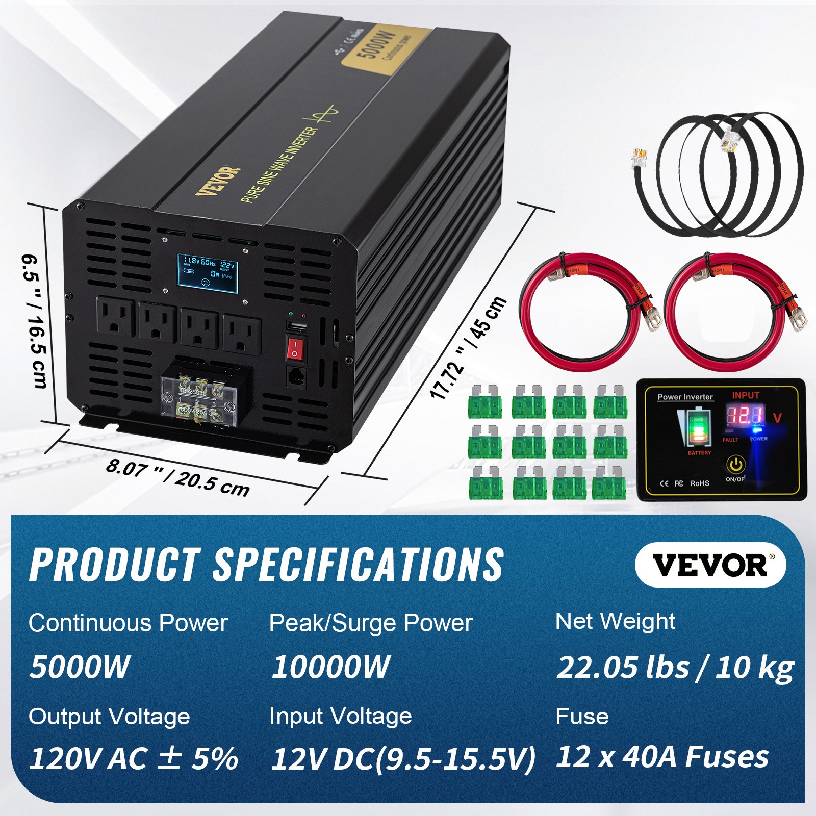 VEVOR Pure Sine Wave Inverter Power Inverter 5000W DC12V to AC120V Inverter LCD