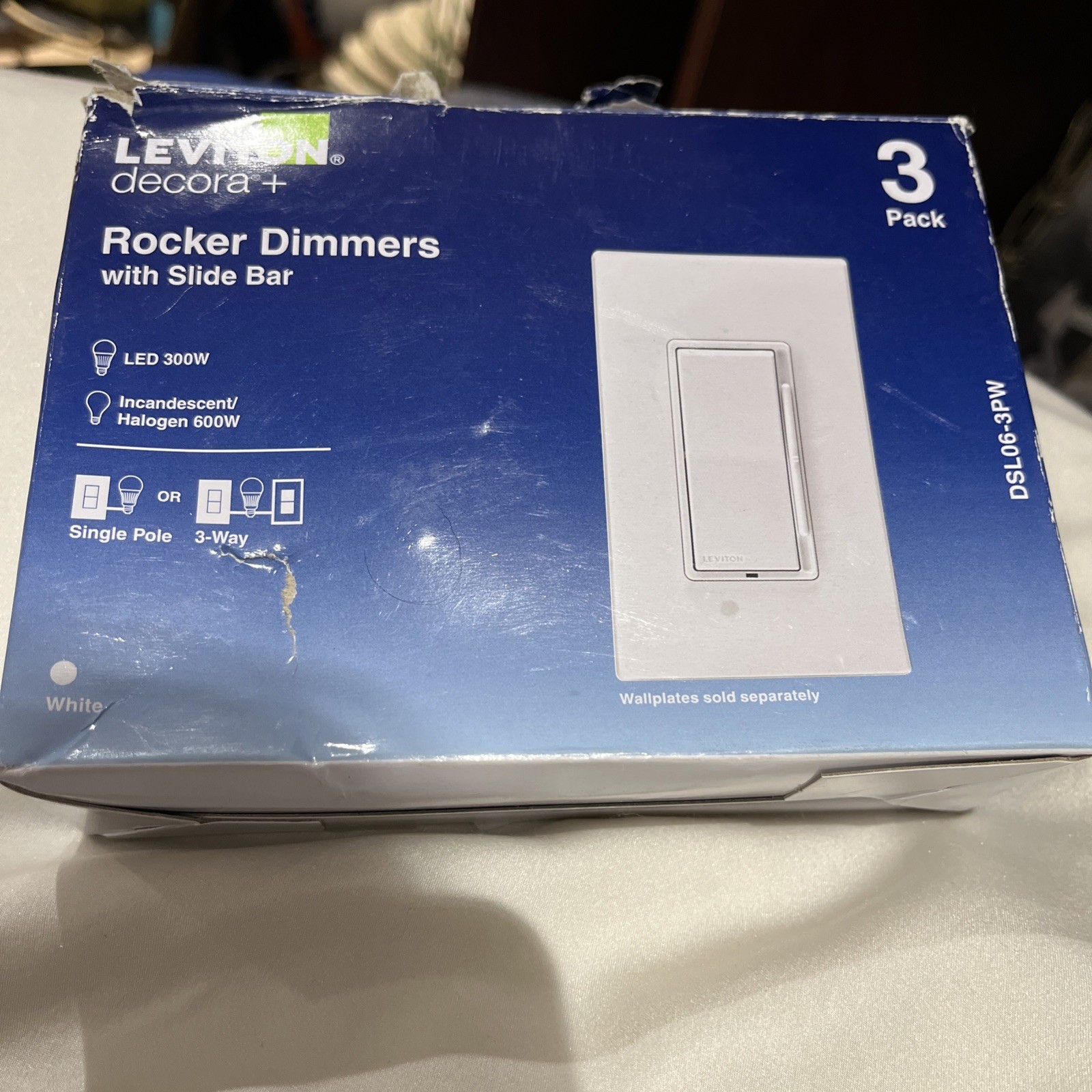 Leviton Decora 600W Single Pole 3 Way Universal Rocker Slide Dimmer White 3 Pack