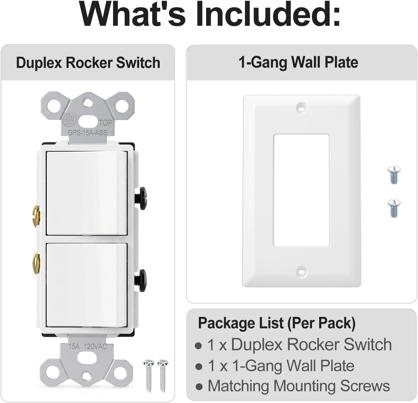 Duplex Rocker Switch with Wall Plate, 15A 125V, White, 2-Way, Screw Terminal