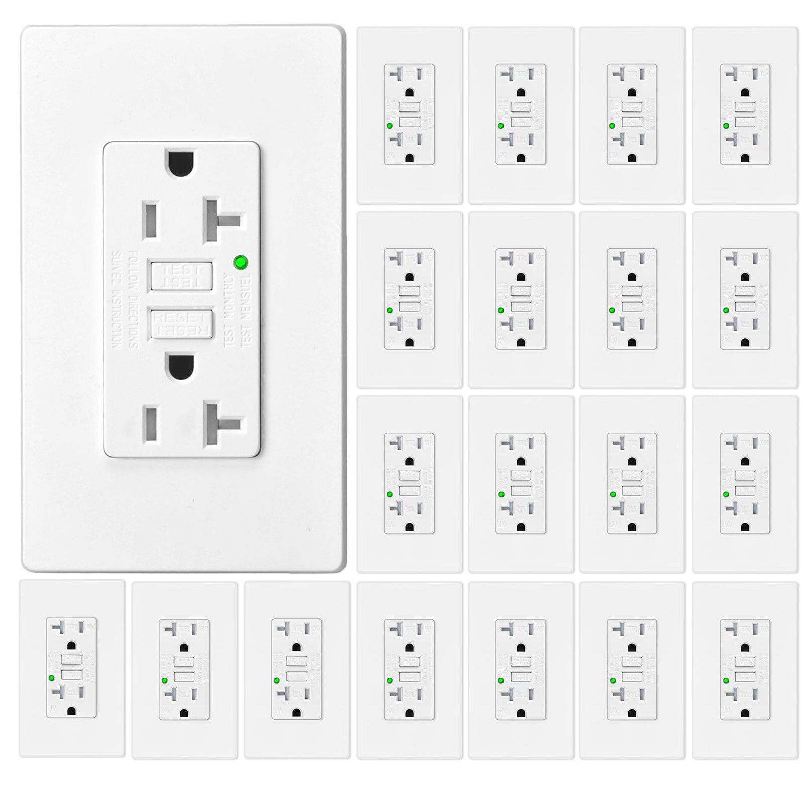 20 Amp/125 Volt Ground Fault Receptacle LED Indicator with Wallplate White 20PCS