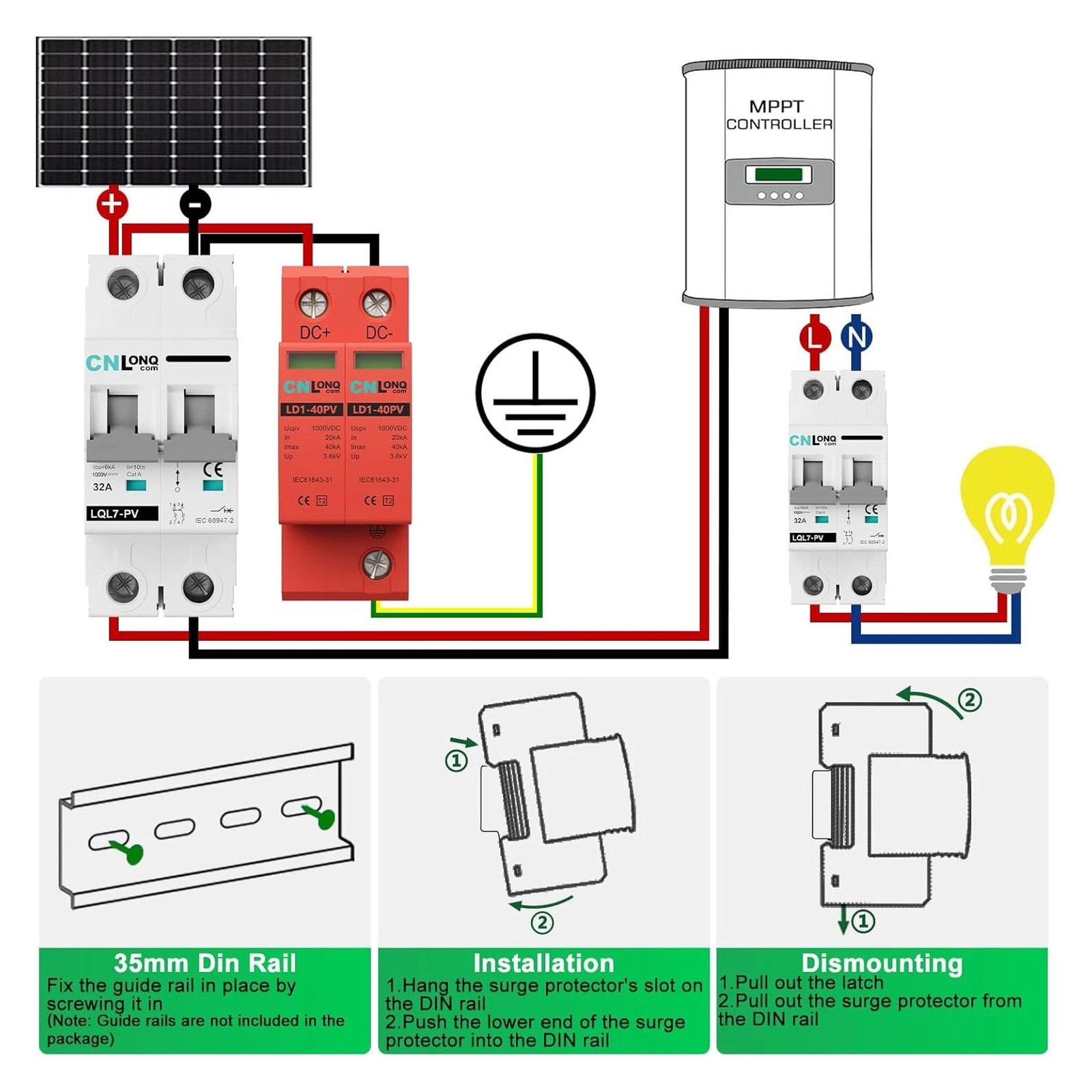 2P 40KA Voltage Surge Protector DC 600V/1000V Solar PV Lightning Arrester SPD