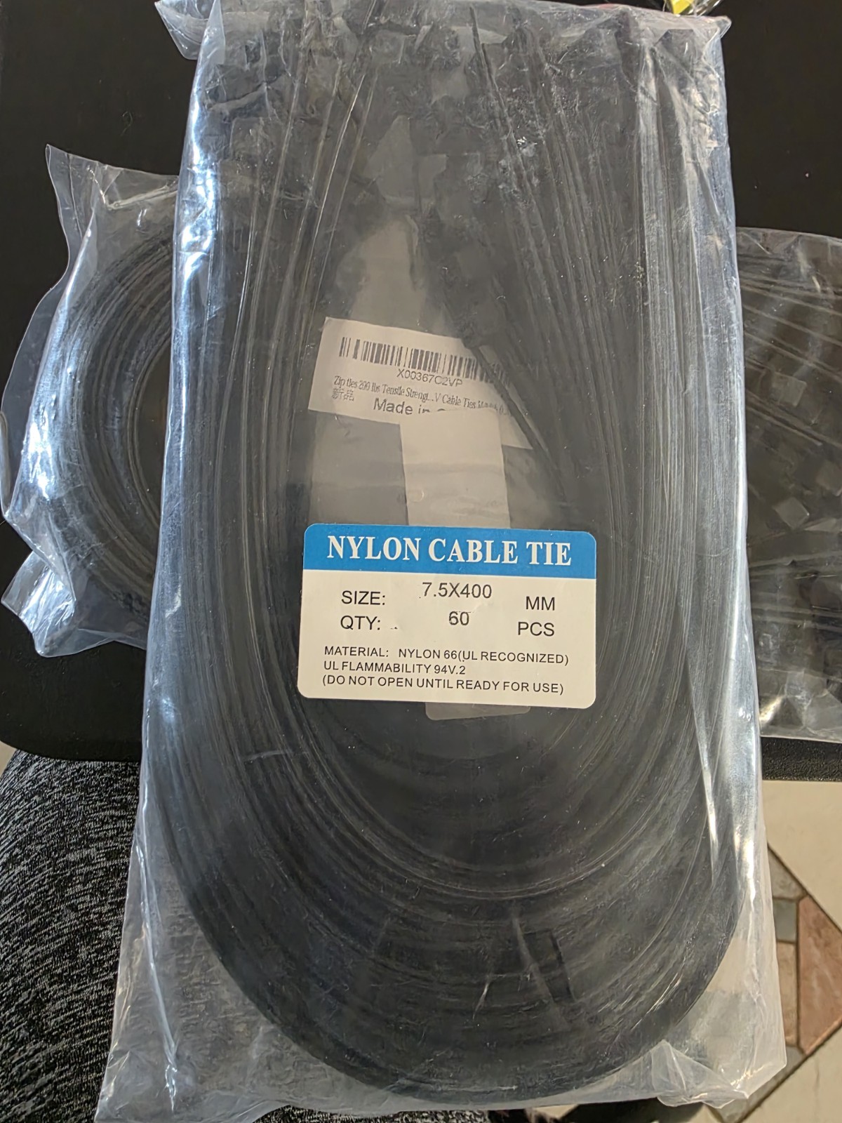 5 Packs of 60, 15.7 in Black Nylon Cable Ties 0.3 width 7.5×400, 200 lbs ten