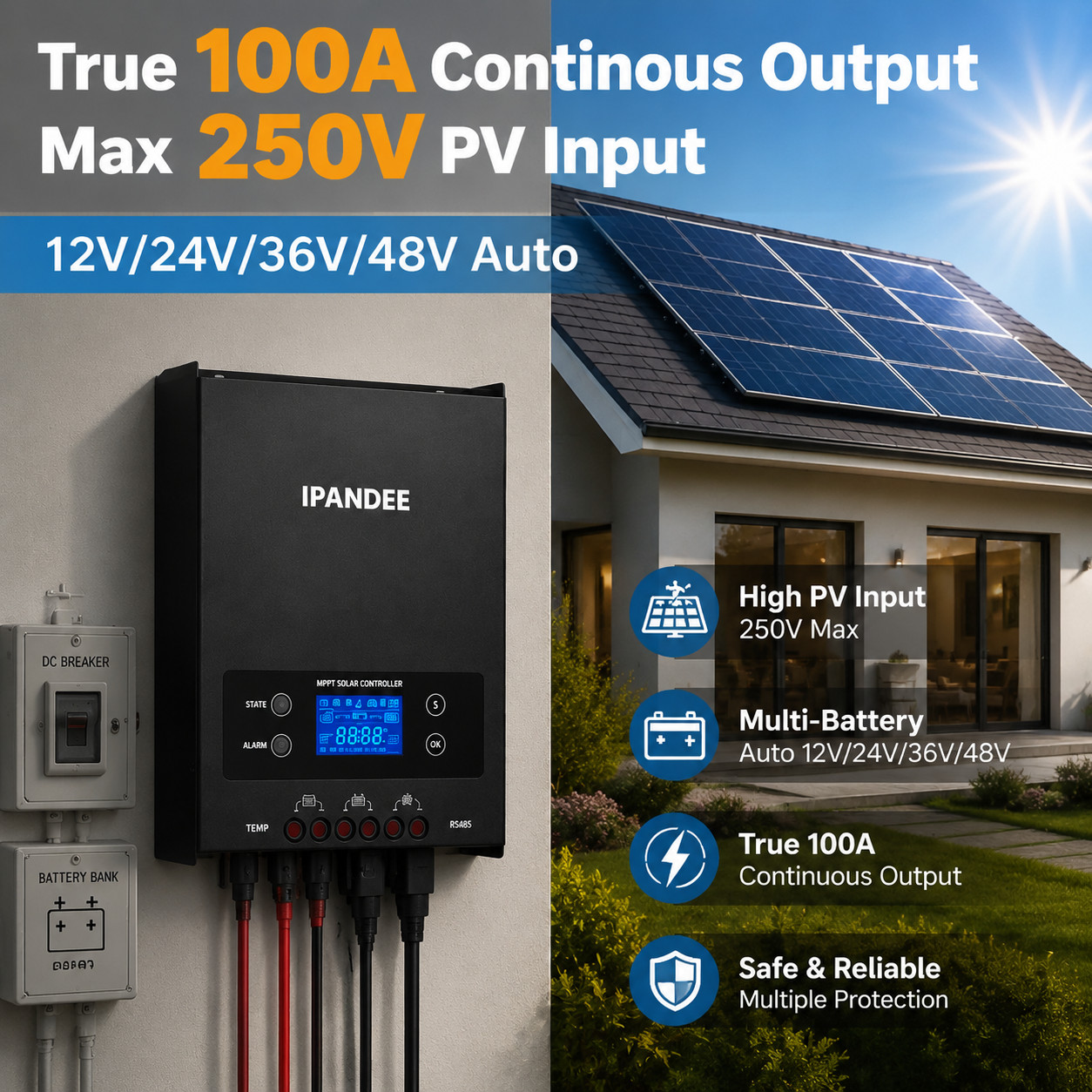 100A MPPT Solar Battery Panel Charge Controller 12V/24V/36V/48V Auto PV250V+APP