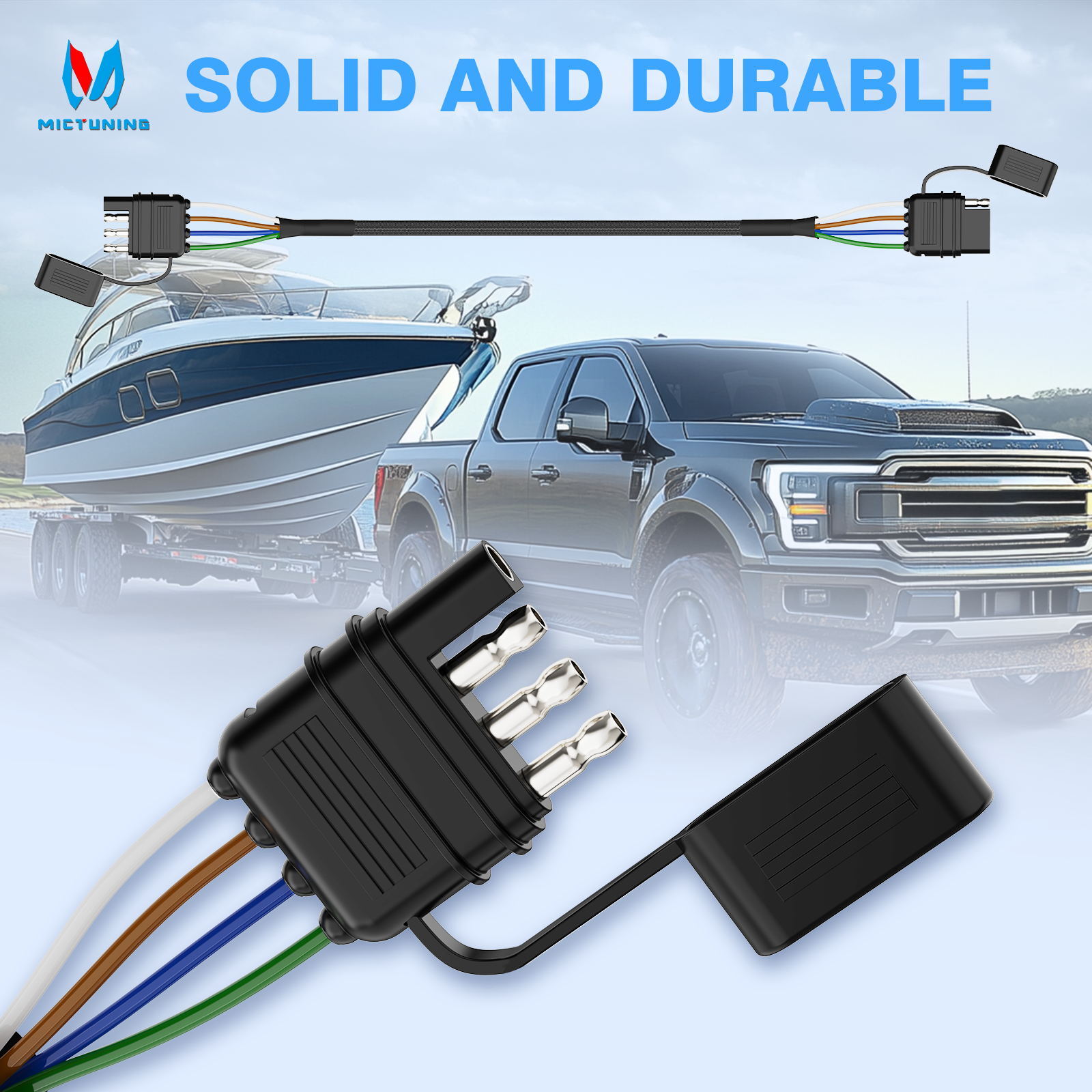 MICTUNING 4 Pin Flat Trailer Extension Cable 12inch 4 Way Connector Trailer-Side