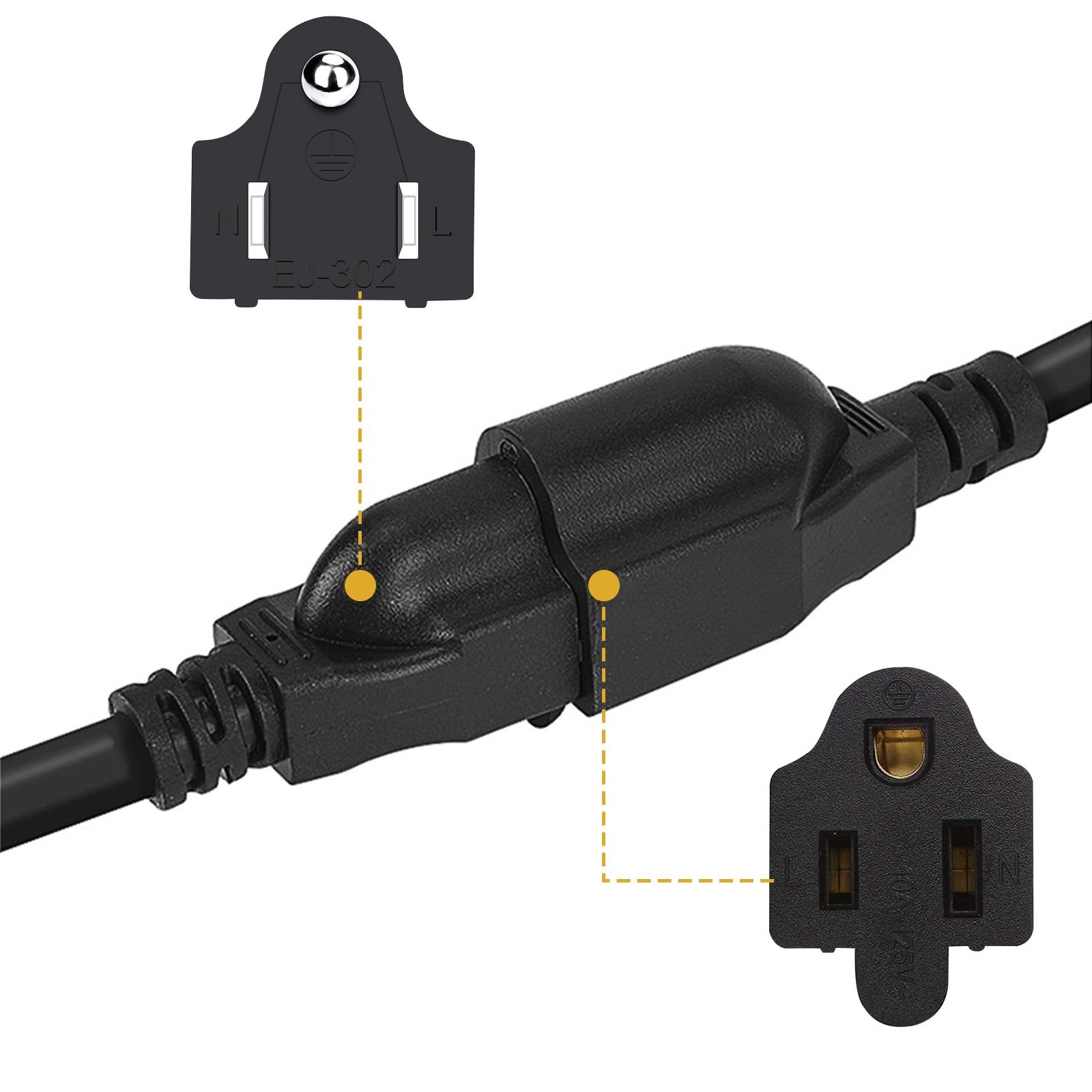 1.5 FT 1-to-2 Outlet Splitter Short Extension Cord 3-Prong 3-Way Power