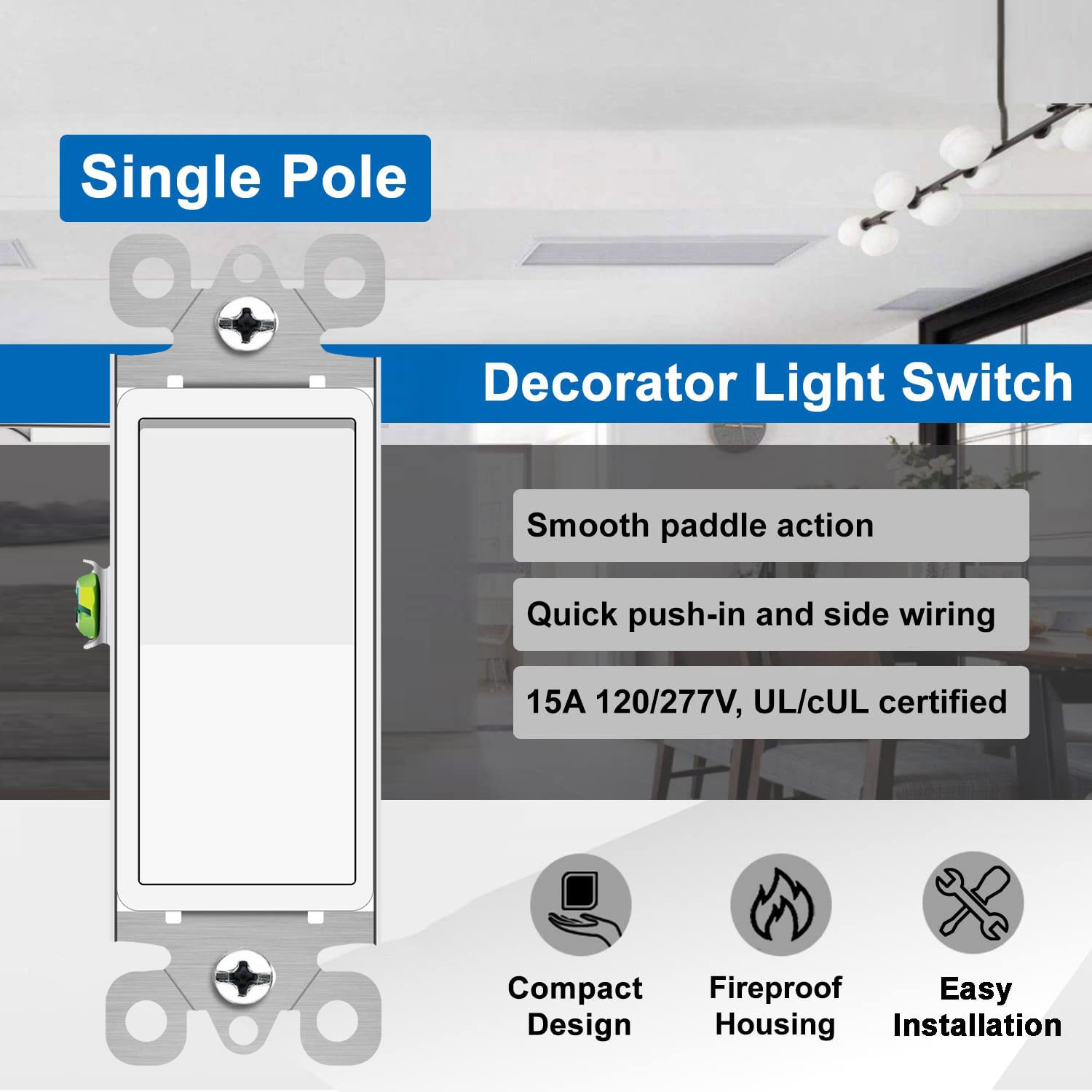 2x 15Amp 120V-277V AC Single Pole Rocker Light Switch,Paddle Light Switch,White
