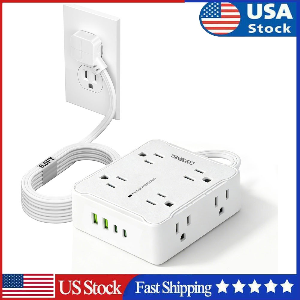 12in1 Power Strip Surge Protector 8 AC Outlets 2 USB +2 Type C Port 6.5 FT US